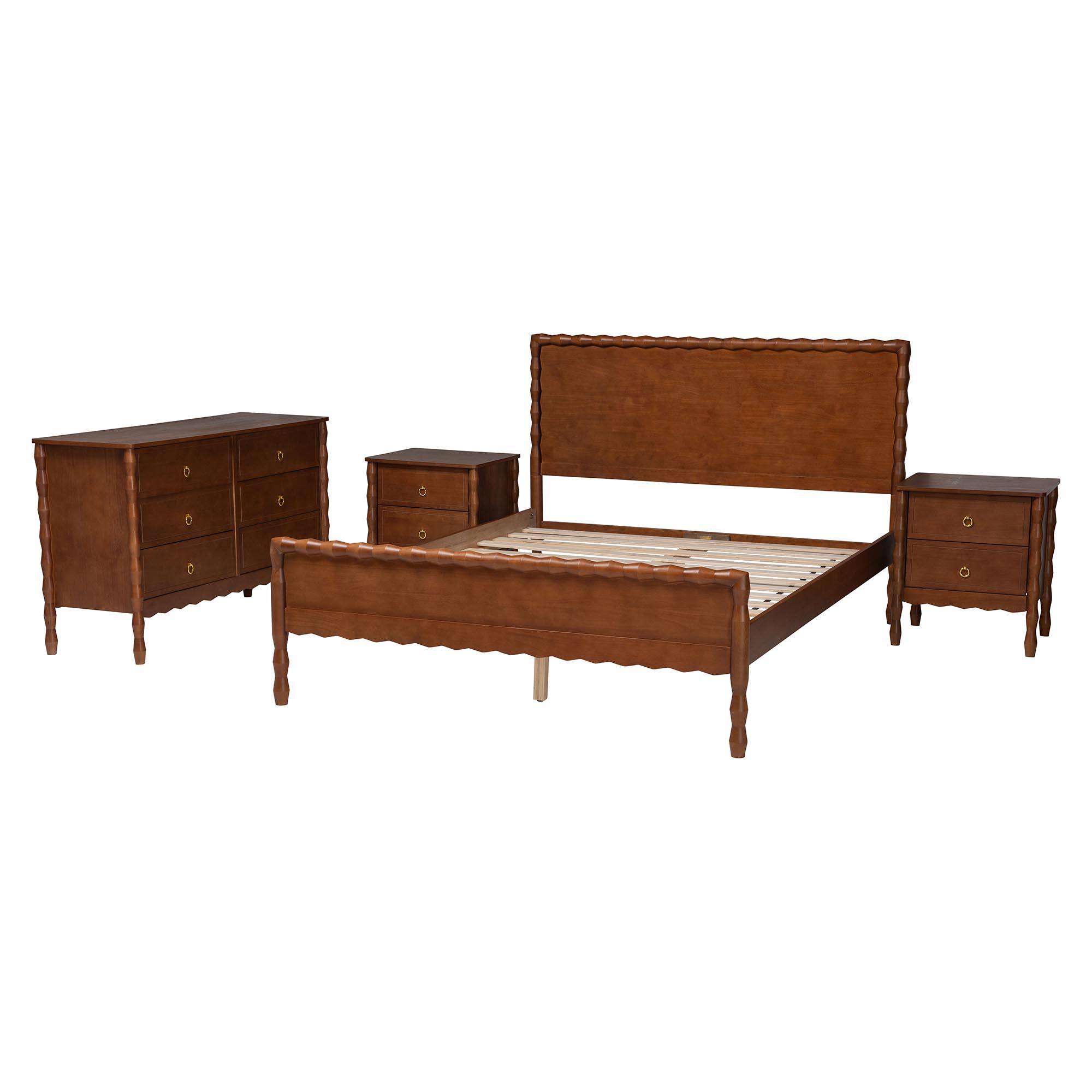 Angle. Baxton Studio - Seamus 4-Piece Bedroom Set with 2 Nightstands, Queen - Walnut Brown.