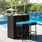 Front. Gymax - Gymax 3PCS Rattan Patio Bar Table & Stool Set Dining Set w/ Turquoise Cushion - as pic.