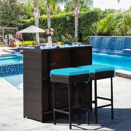 Front. Gymax - Gymax 3PCS Rattan Patio Bar Table & Stool Set Dining Set w/ Turquoise Cushion - as pic.