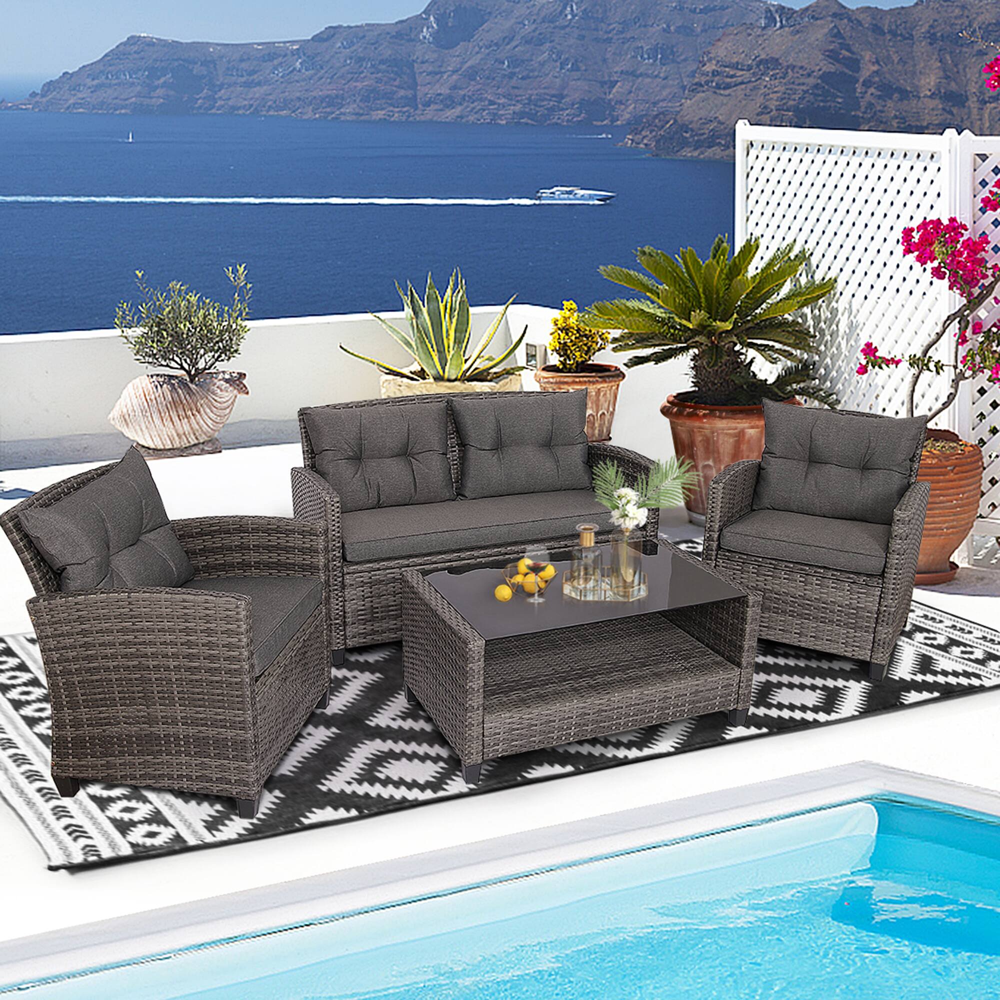 Alt View 4. Gymax - Gymax 4PC Rattan Patio Conversation Set Cushioned Outdoor Furniture Set - Gray.