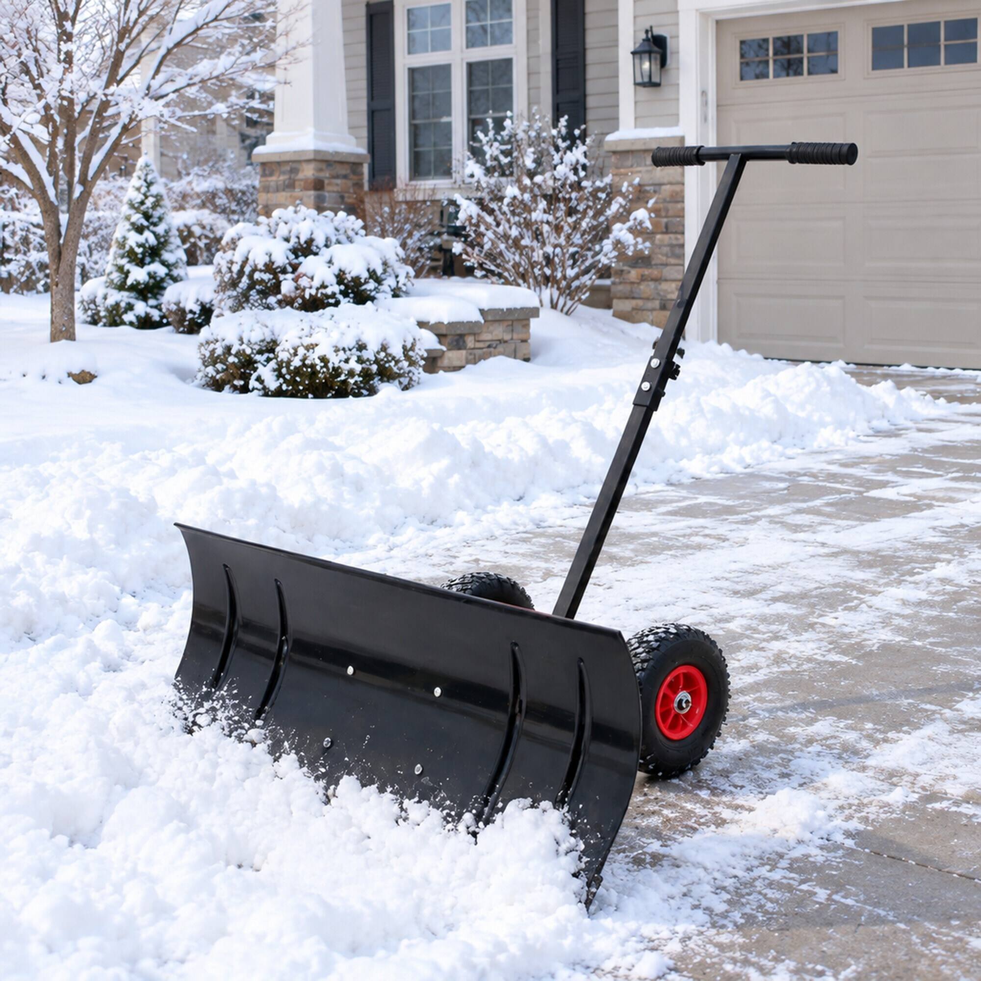 Alt View 1. RYHNUYNE - 30 in Wheeled Snow Pusher, Metal Blade, Adjustable Handle, 10 in Rubber Wheels, Black - Black.