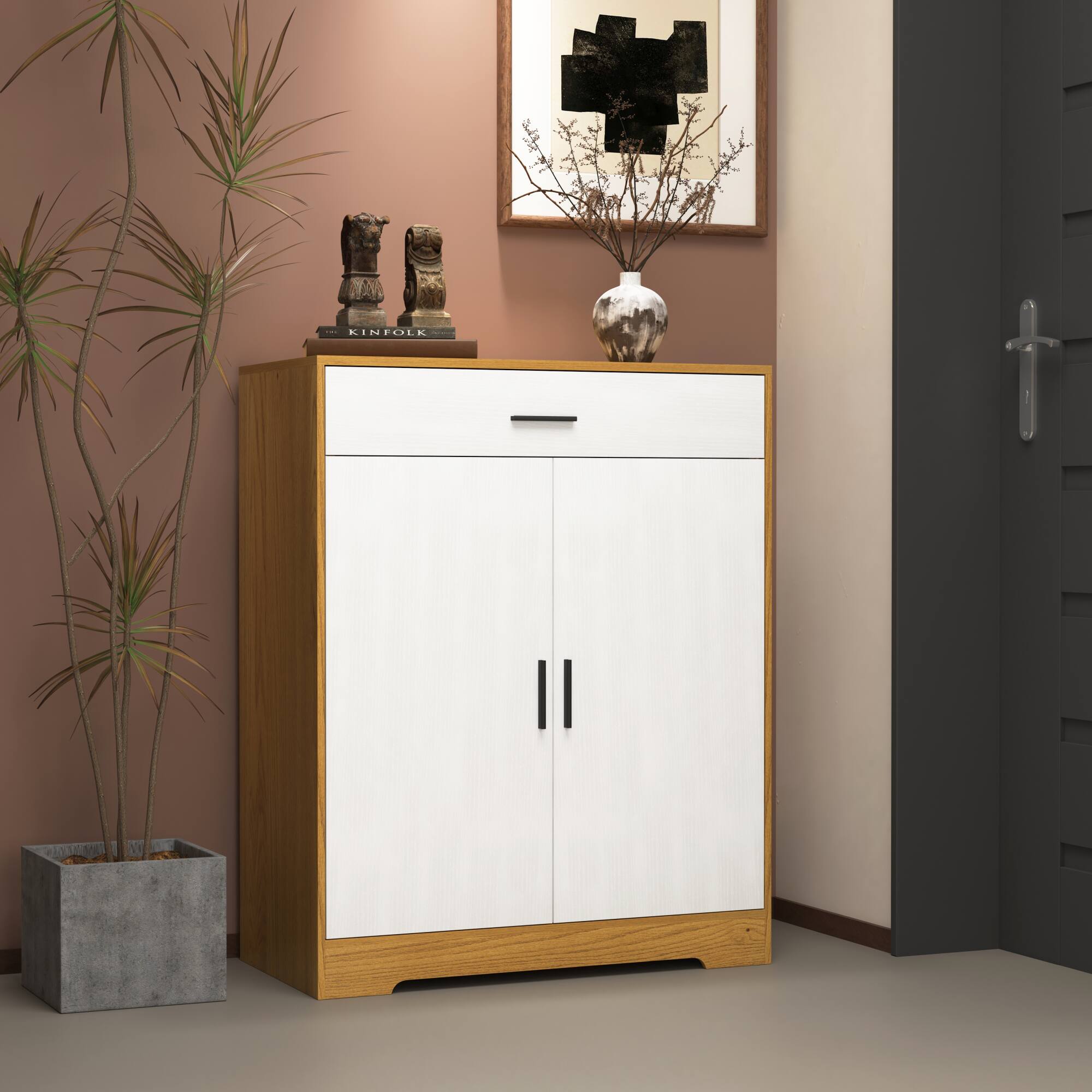 Front. GOODSILO - 4-Tier Shoe Storage Cabinet with Adjustable Shelves and Spacious Drawer for Entryway and Hallway Organization - Natural.