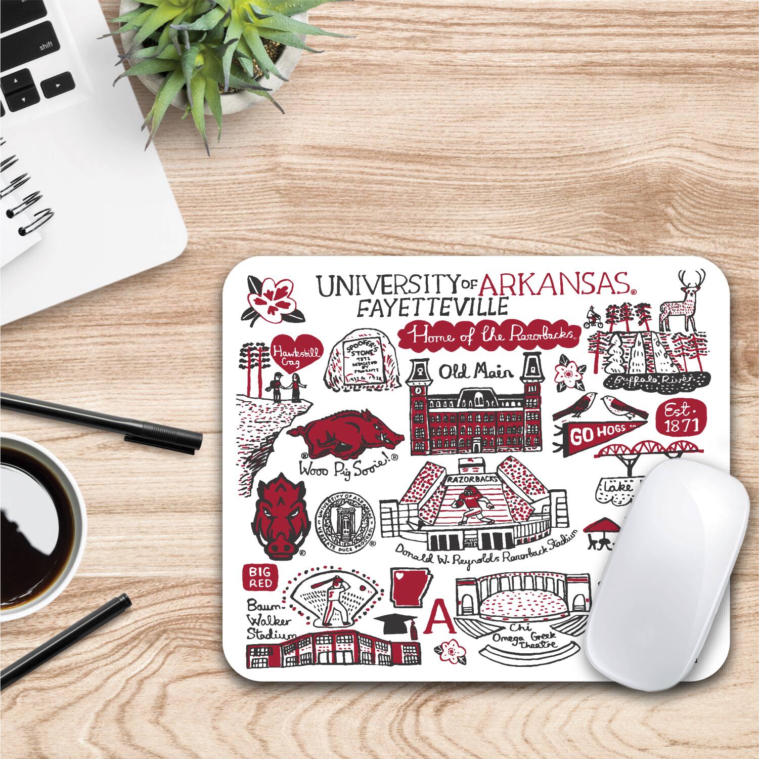 UNIVERSITY OF ARKANSAS  
FAYETTEVILLE  
Home of the Razorbacks  

Hawthorn Hall  
Old Main  
Wooo Pig Sooie  
Donald W. Reynolds Razorback Stadium  
Big Red  
Bauer-Walker Stadium  
Chi Omega Greek Theatre  
Est. 1871  

GO HOGS