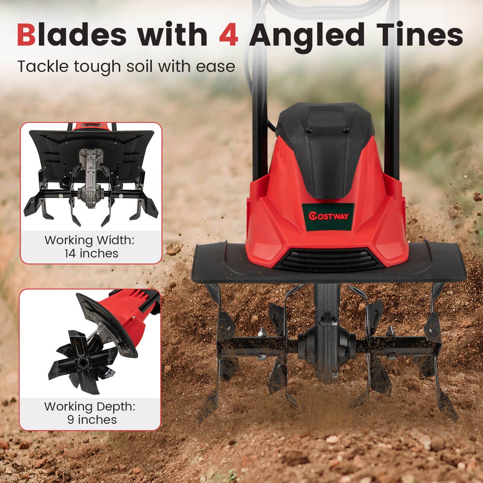 Blades with 4 Angled Tines  
Tackle tough soil with ease  

Working Width: 14 inches  
Working Depth: 9 inches