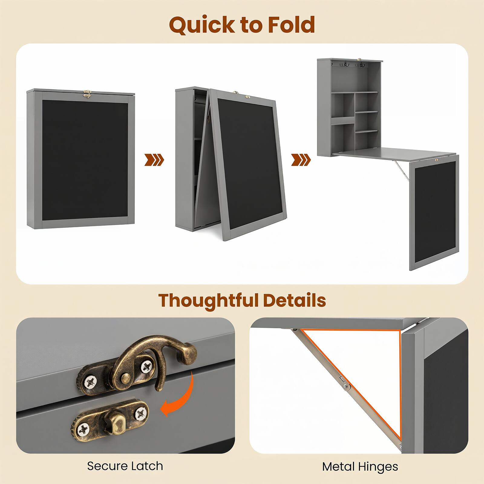 Quick to Fold  
Thoughtful Details  
1. Secure Latch  
2. Metal Hinges