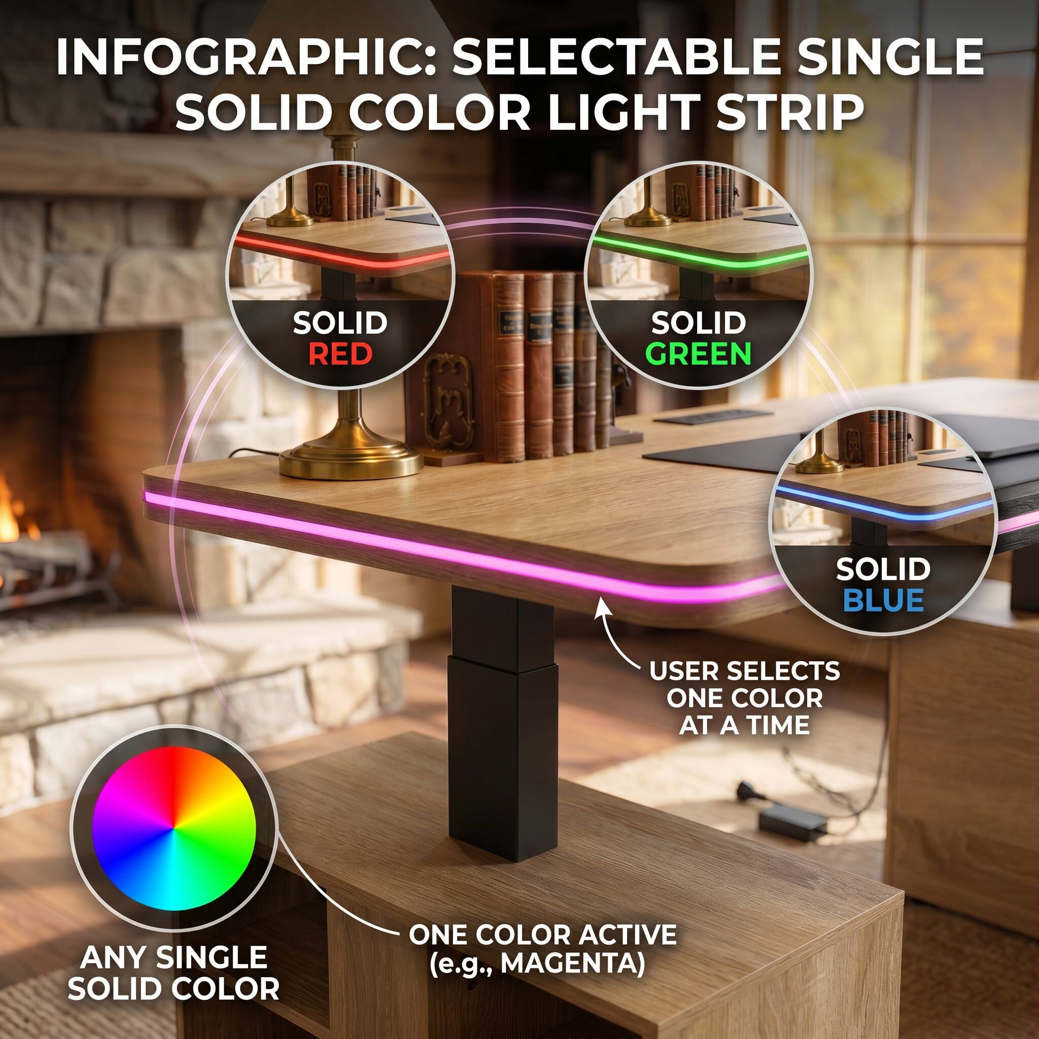INFOGRAPHIC: SELECTABLE SINGLE SOLID COLOR LIGHT STRIP

- SOLID RED
- SOLID GREEN
- SOLID BLUE

USER SELECTS ONE COLOR AT A TIME

ANY SINGLE SOLID COLOR

ONE COLOR ACTIVE (e.g., MAGENTA)
