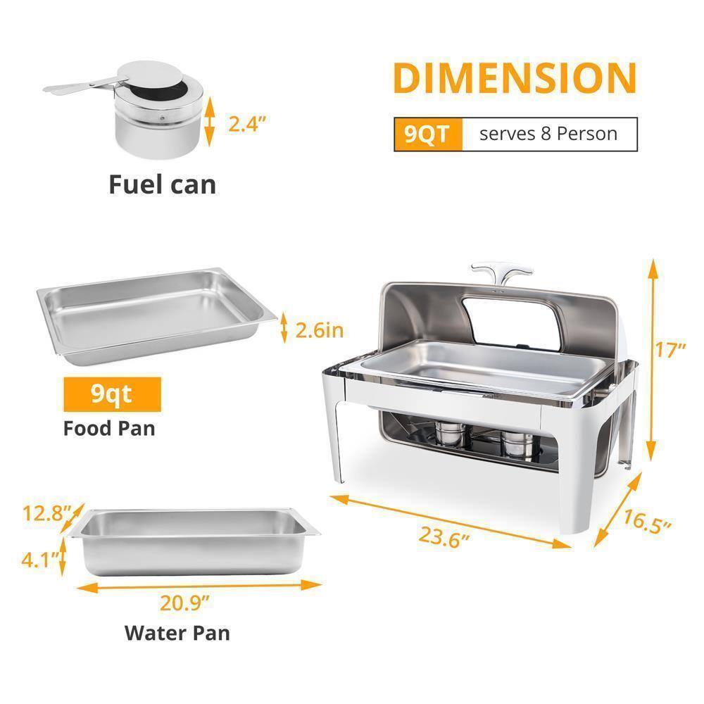 - Fuel can: 2.4" height, 2.6" depth
- 9qt Food Pan: 12.8" length, 20.9" width, 4.1" depth
- Water Pan: 12.8" length, 20.9" width, 4.1" depth
- 9QT serves 8 Person
- Overall dimensions: 23.6" width, 16.5" depth, 17" height