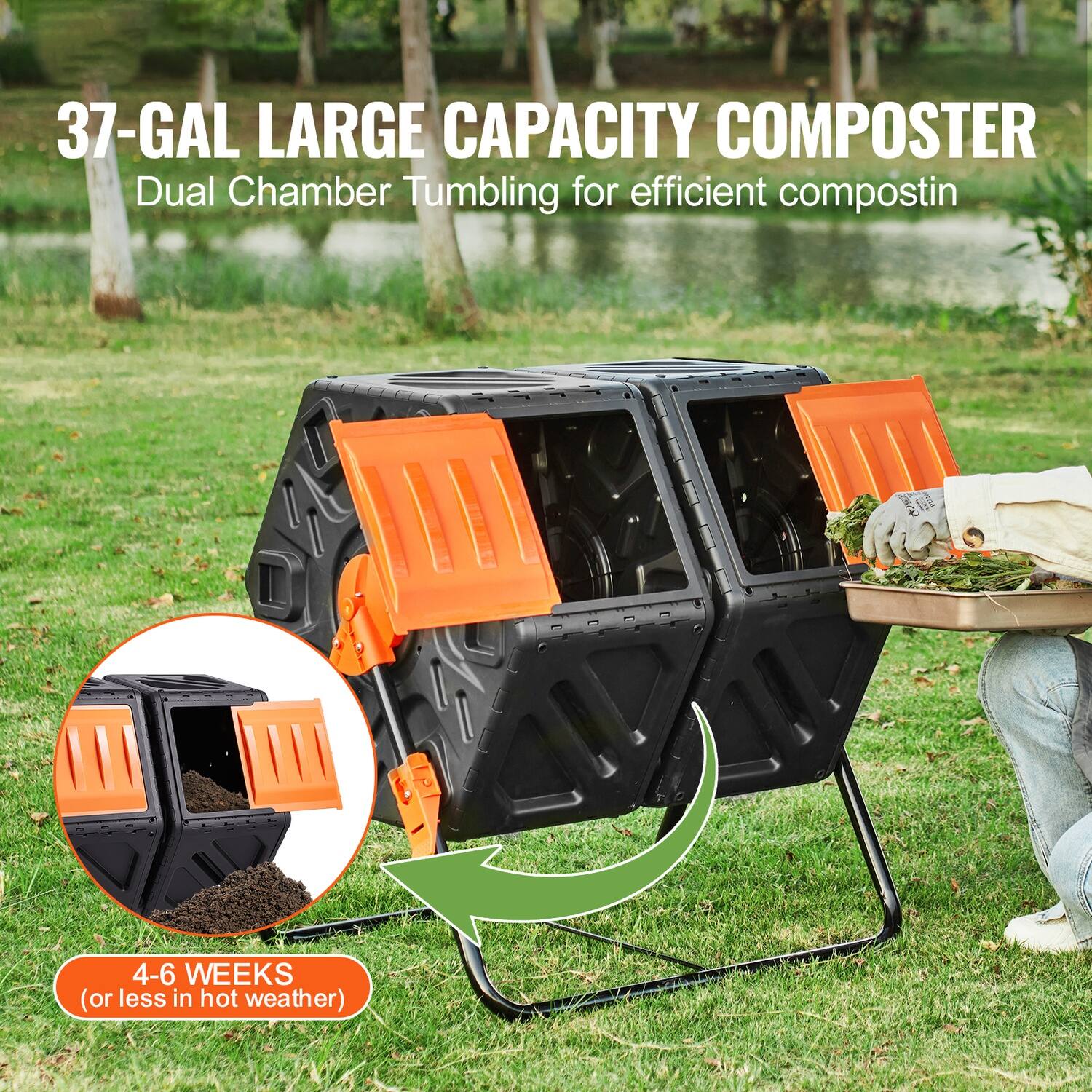 37-GAL LARGE CAPACITY COMPOSTER  
Dual Chamber Tumbling for efficient composting  
4-6 WEEKS (or less in hot weather)