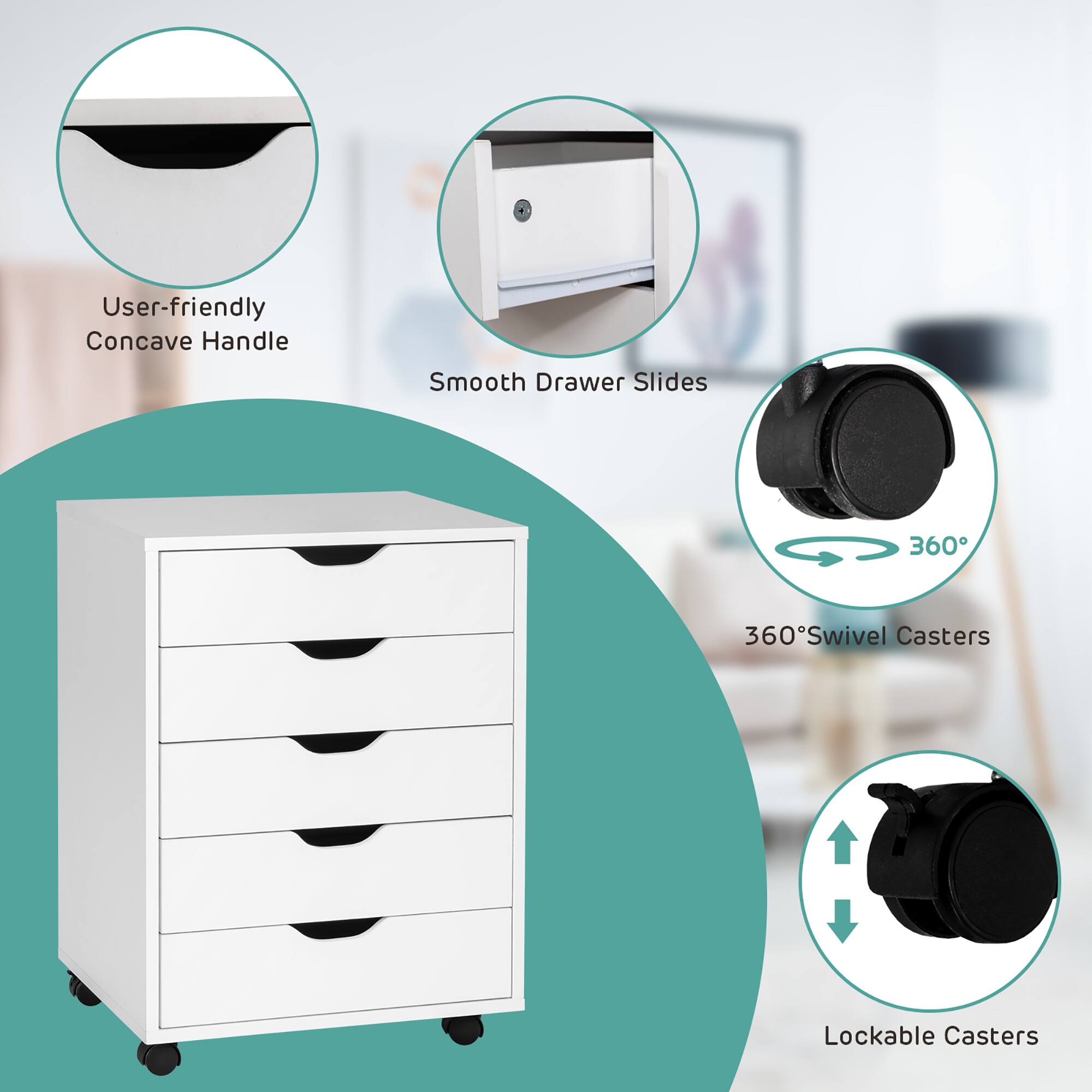 User-friendly Concave Handle, Smooth Drawer Slides, 360° Swivel Casters, Lockable Casters