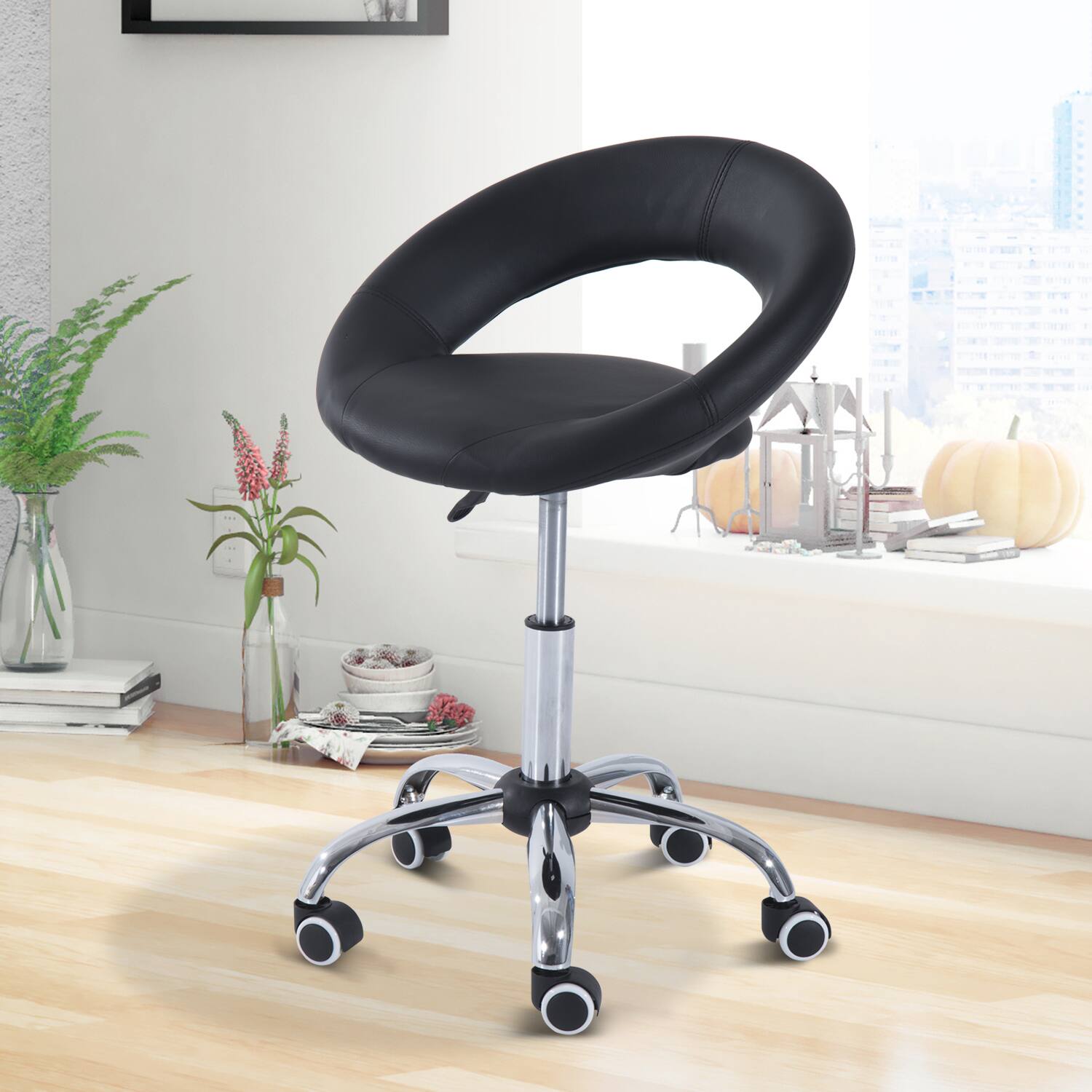 Alt View 1. Homcom - Crescent Rolling Salon Stool with Adjustable Height, Breathable Open Back, Foam Cushion Seat, and 5 Caster Wheels - Black.