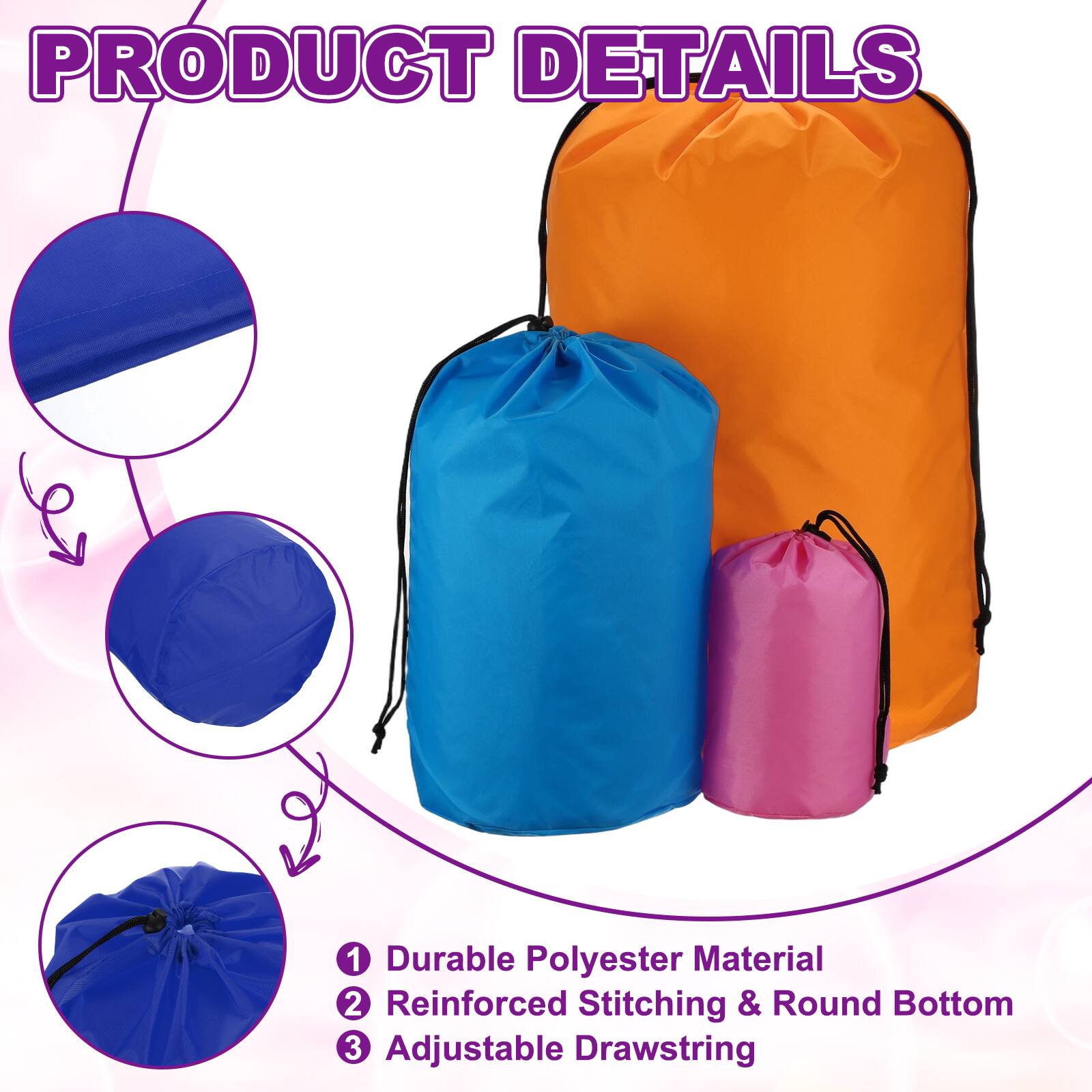 PRODUCT DETAILS

1. Durable Polyester Material
2. Reinforced Stitching & Round Bottom
3. Adjustable Drawstring