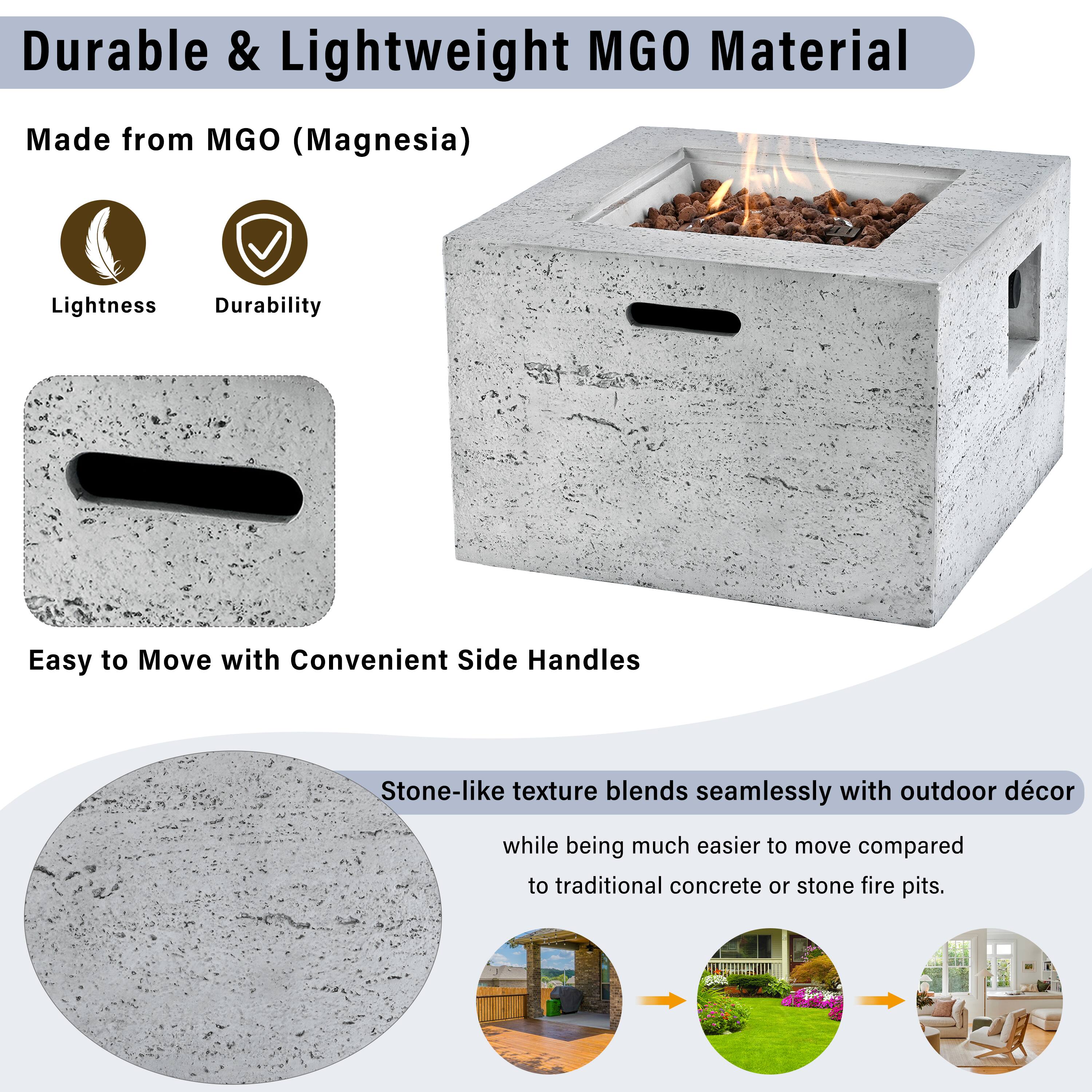 Durable & Lightweight MGO Material

Made from MGO (Magnesia)
- Lightness
- Durability

Easy to Move with Convenient Side Handles

Stone-like texture blends seamlessly with outdoor décor while being much easier to move compared to traditional concrete or stone fire pits.