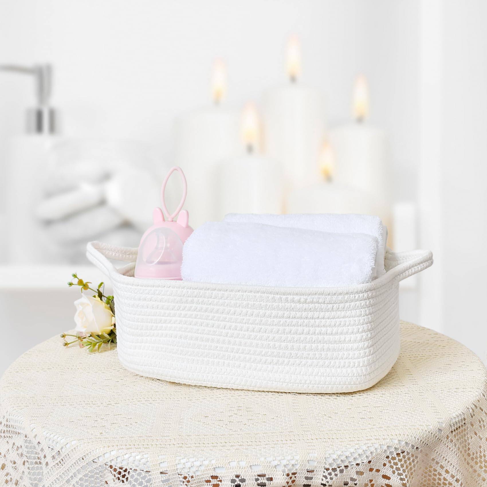 Alt View 5. Dapper Styles - Storage Basket With Handles Cotton Rope Woven Dog Cat Bin Decorative Shelves Closet Organizing For Laundry ... - All Navy Blue-14.2''x 11''x 5.1''.