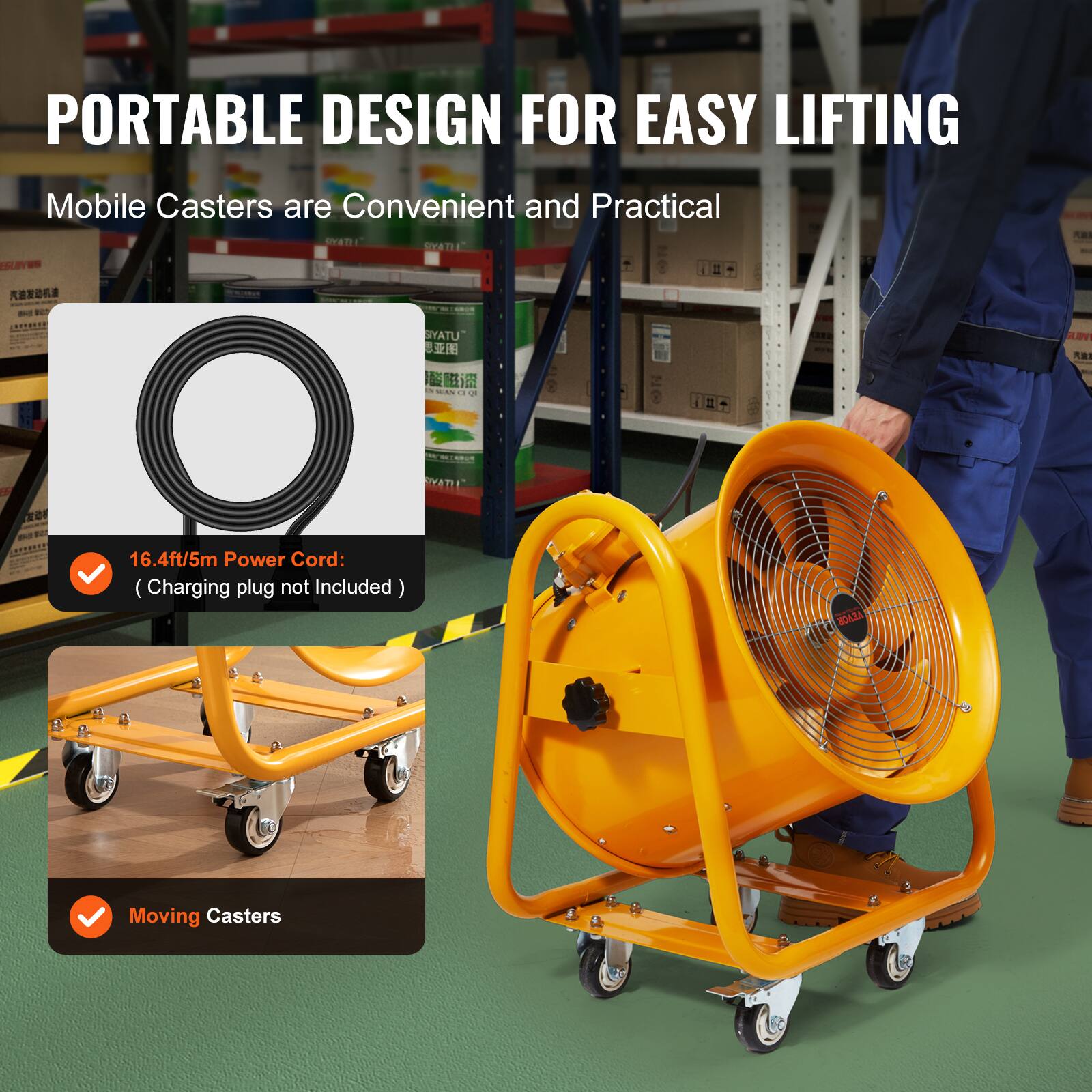 PORTABLE DESIGN FOR EASY LIFTING  
Mobile Casters are Convenient and Practical  

16.4ft/5m Power Cord: (Charging plug not Included)  
Moving Casters