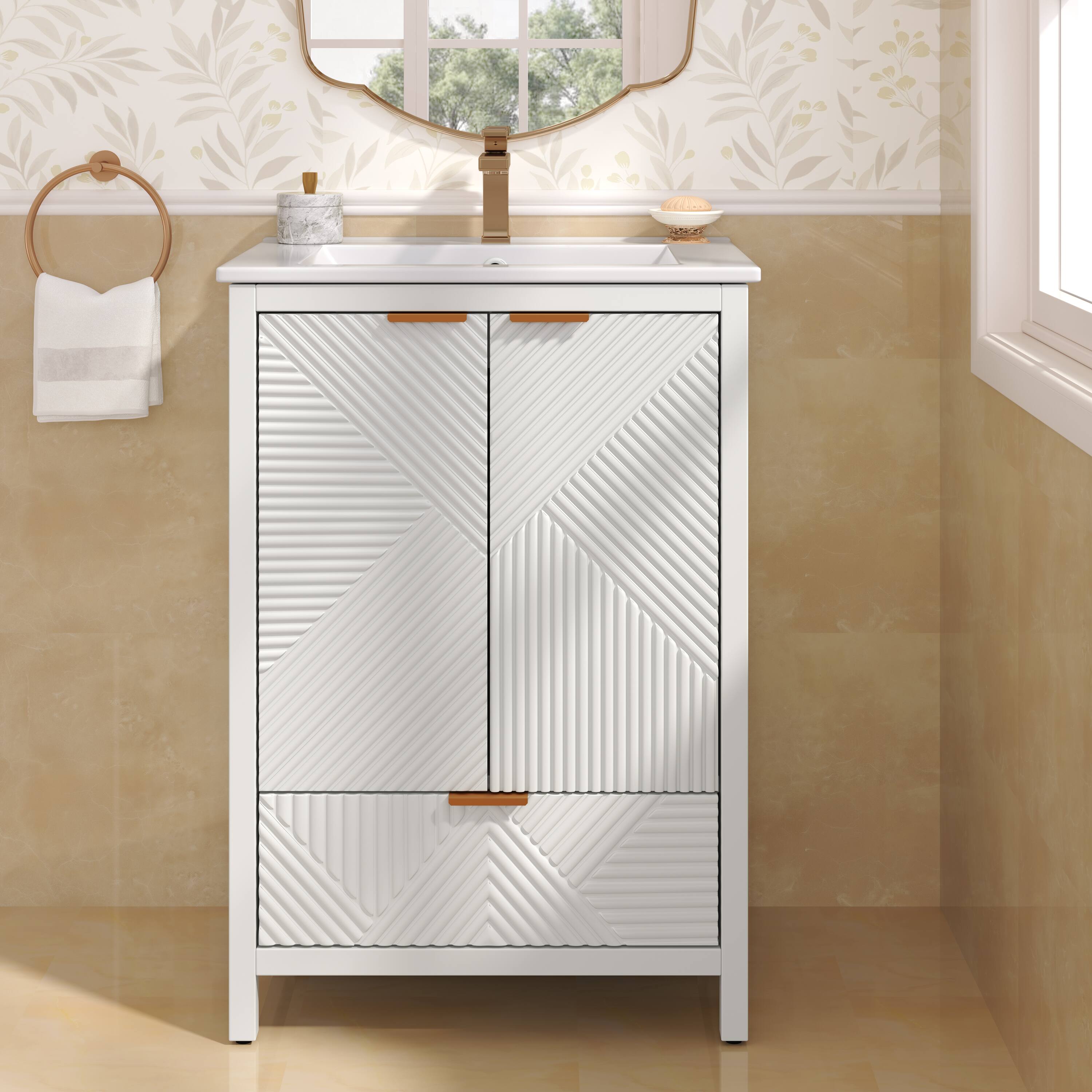 Back. Loheer - 2.02 ft Bathroom Vanity with Ceramic Sink and Single Faucet Hole - White.