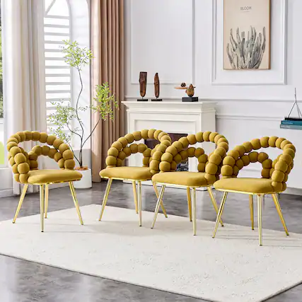 Front. Loheer - Loheer Set of 4 Dining Chairs Yellow Velvet Bubble Back Accent Chairs with Gold Legs for Dining Room Kitchen 1.92 ft - Gold,Yellow.