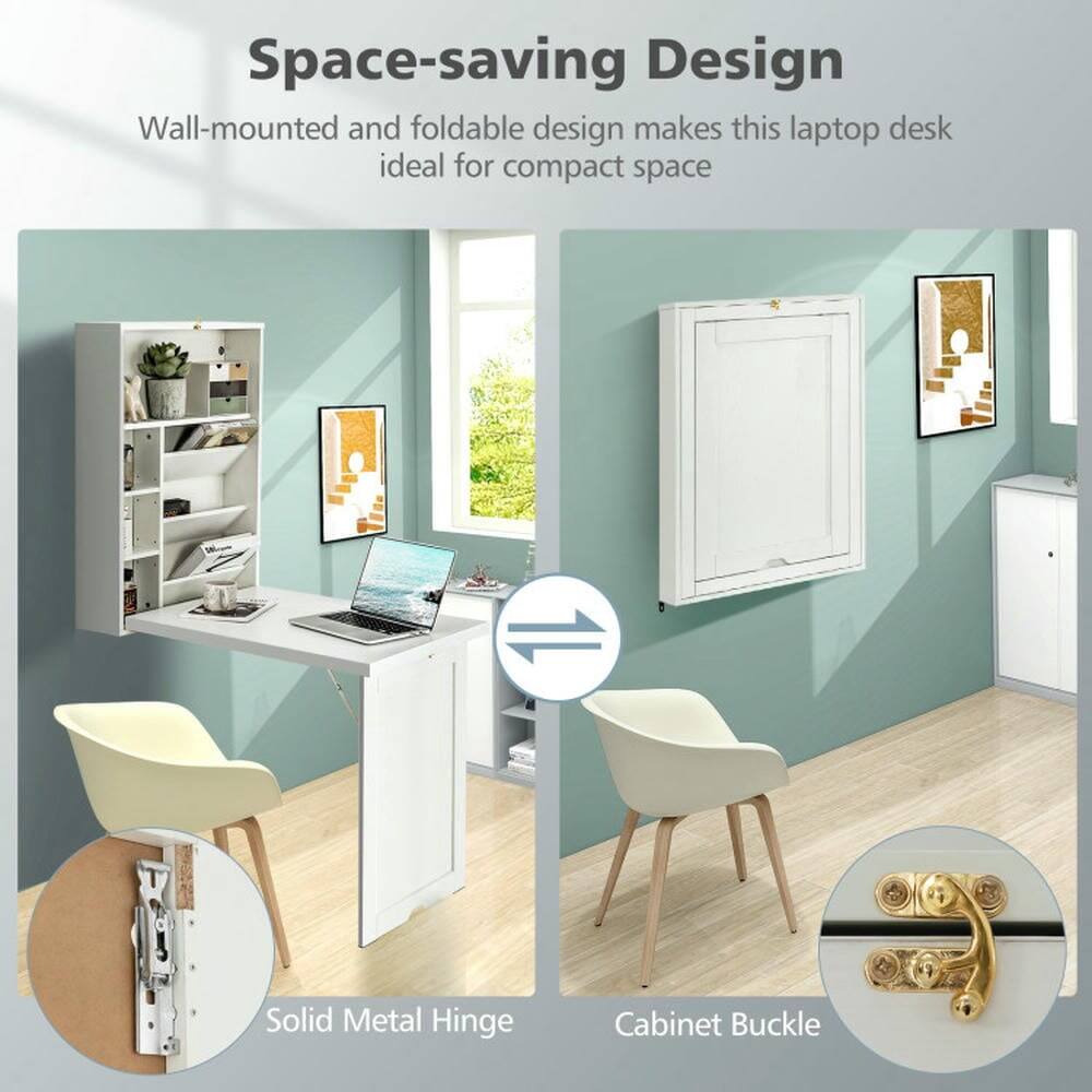 Space-saving Design  
Wall-mounted and foldable design makes this laptop desk ideal for compact space  

Solid Metal Hinge  
Cabinet Buckle