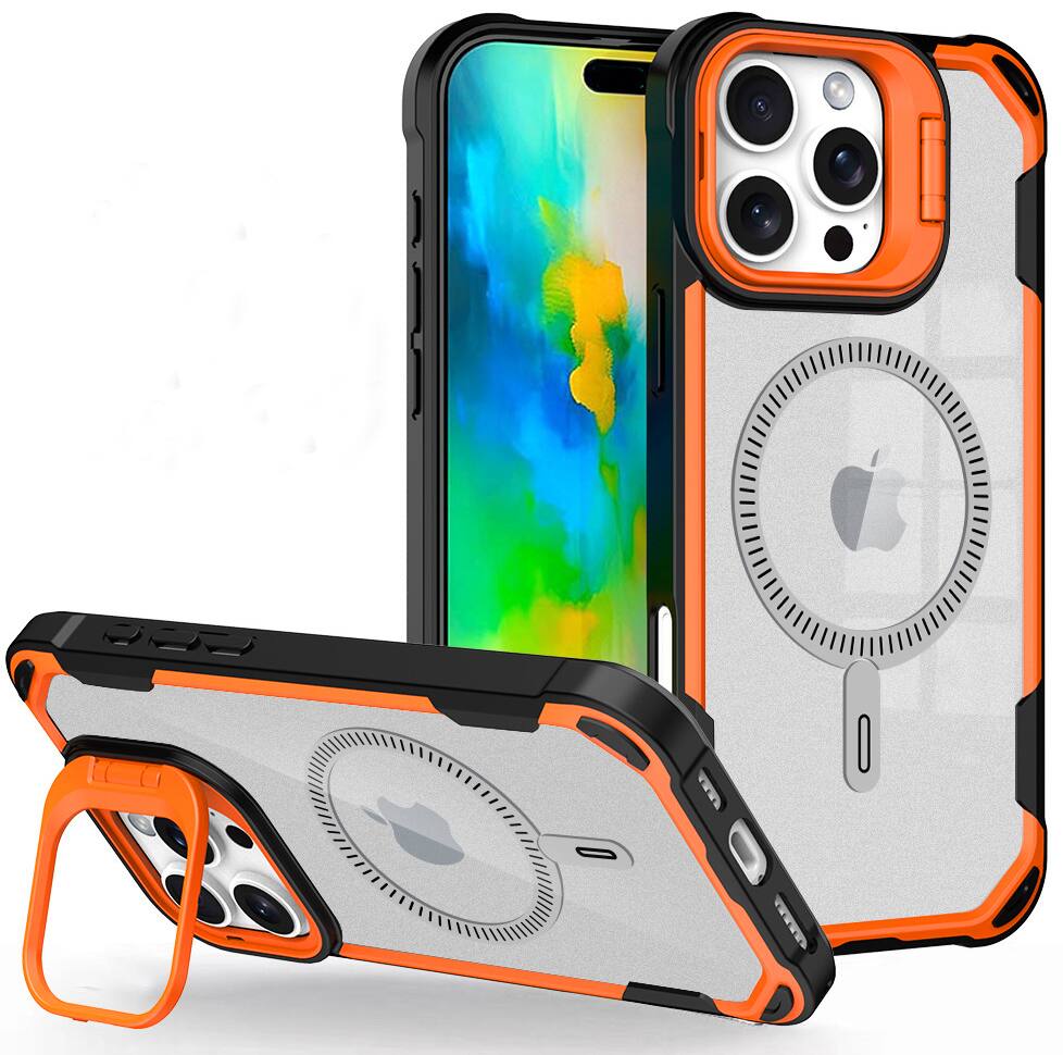 Alt View 2. Nakedcellphone - Clear Cam-Stand Case for iPhone 16 Pro Max Phone - Compatible with MagSafe - Orange.
