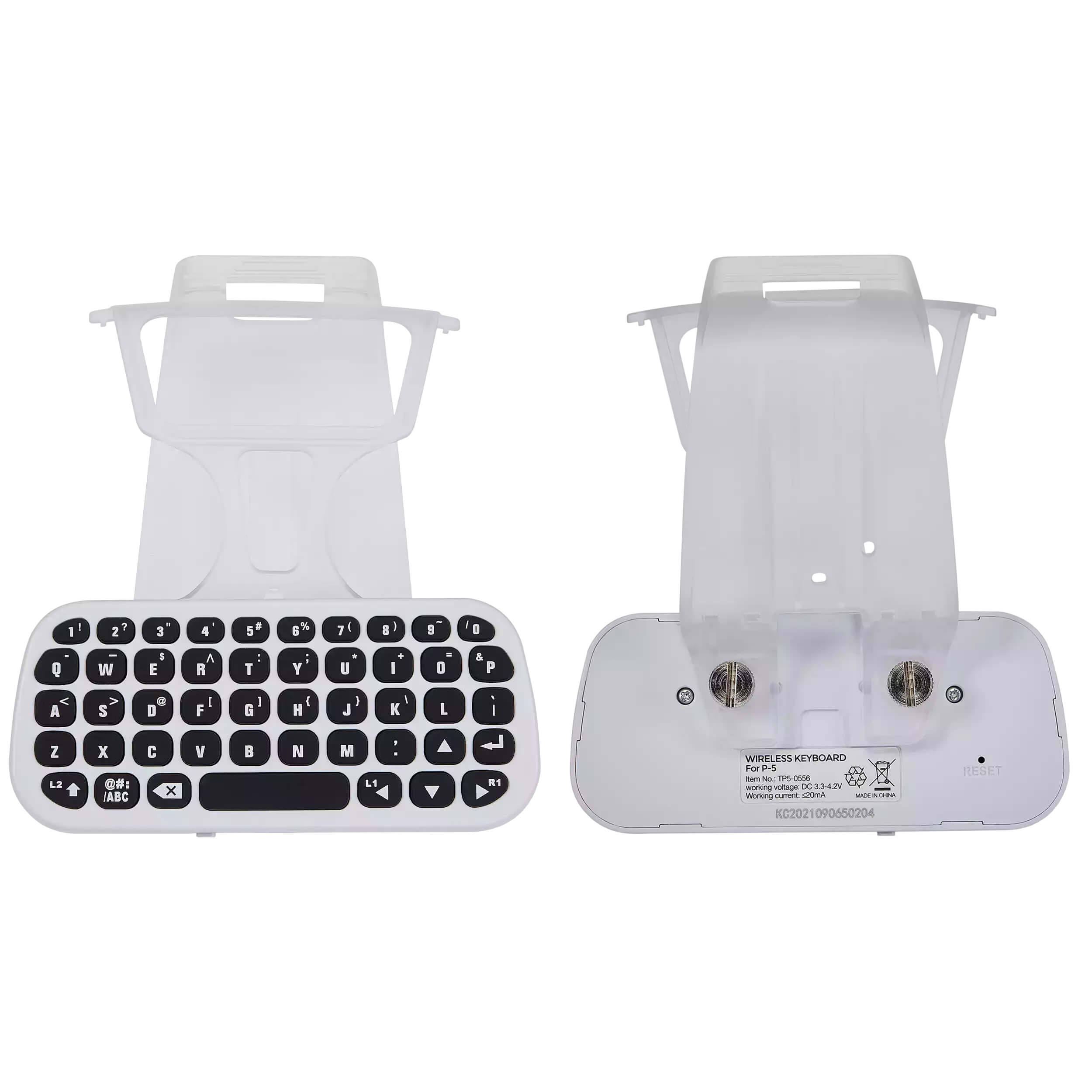 1 1 2 - 3 . 4 . 5 6 % 7 8 I I 0 0 W 1 E A R T : Y U + I 0 & P < A V S a D F I G I J - K L I Z L2 x #: ABC C x V B N M LS R WIRELESS KEYBOARD Fo 24 am - TP5-0556 soning a K SSAN e Amina KC2021 XC2021090650204 RESET

WIRELESS KEYBOARD  
Item No: TP5-0556  
Working voltage: 3.7V  
Working current: 20mA  
KC2021090650204  
RESET