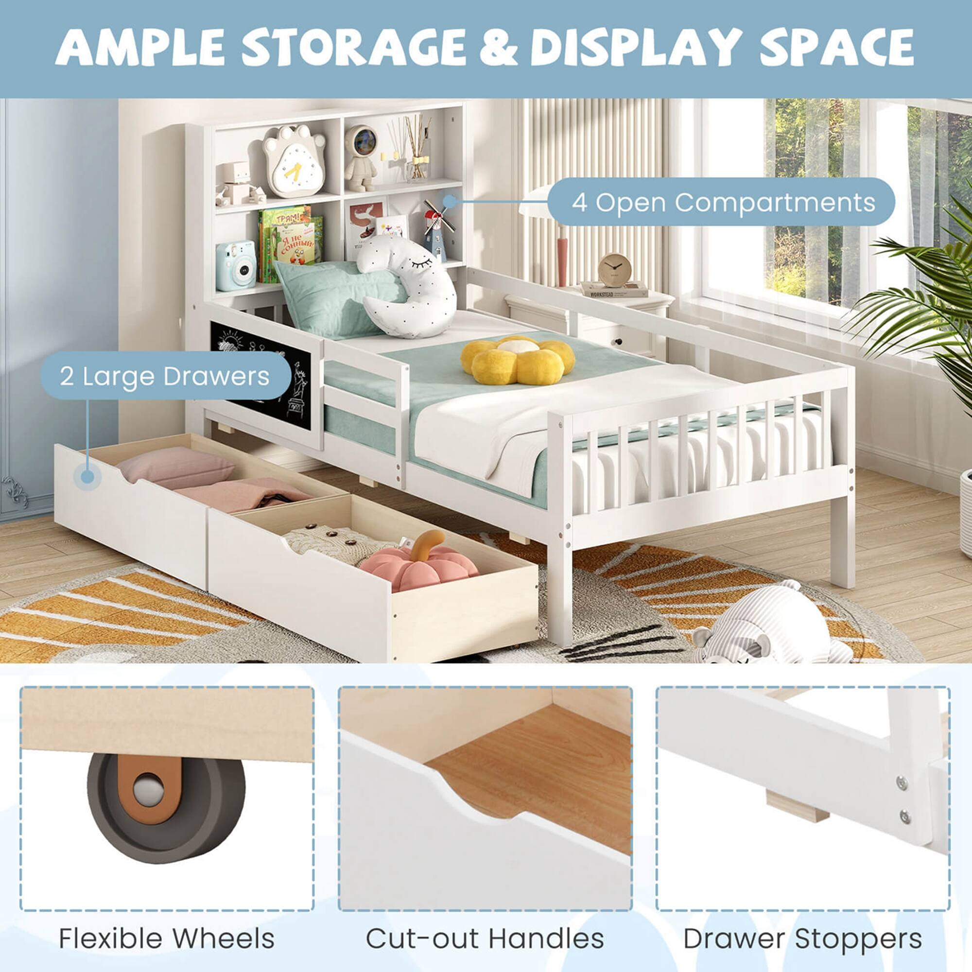 AMPLE STORAGE & DISPLAY SPACE
4 Open Compartments
2 Large Drawers
Flexible Wheels
Cut-out Handles
Drawer Stoppers