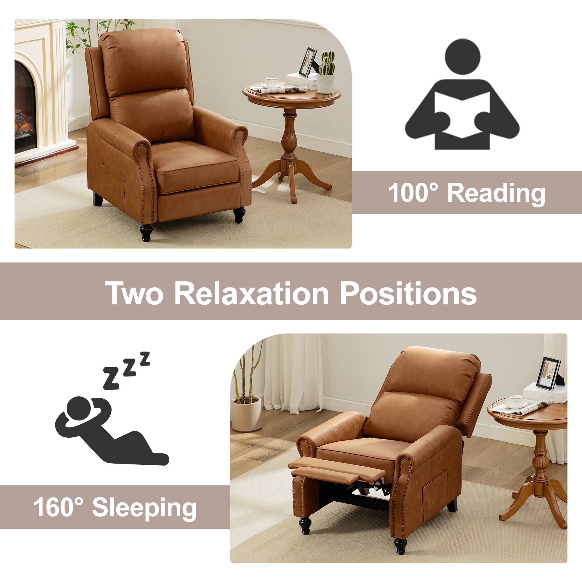 Two Relaxation Positions

100° Reading

160° Sleeping