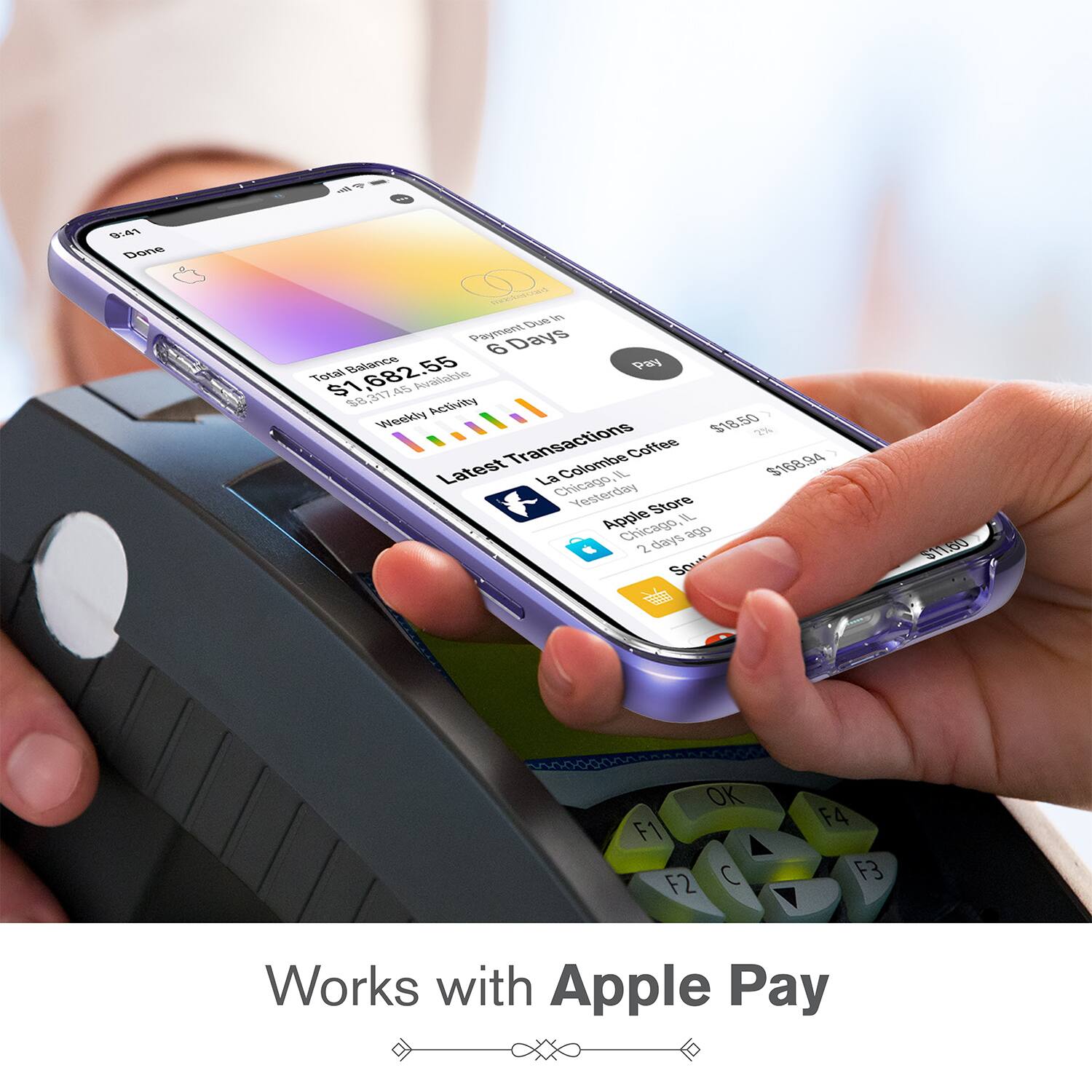 9:41 Done

Payment Due
6 Days
Total Balance: $1,682.55
Balance Available: $82.55

Weekly Activity

Latest Transaction
Colombe Coffee
$18.50

Transactions
Apple Store
$168.94

Chicago, IL

Works with Apple Pay