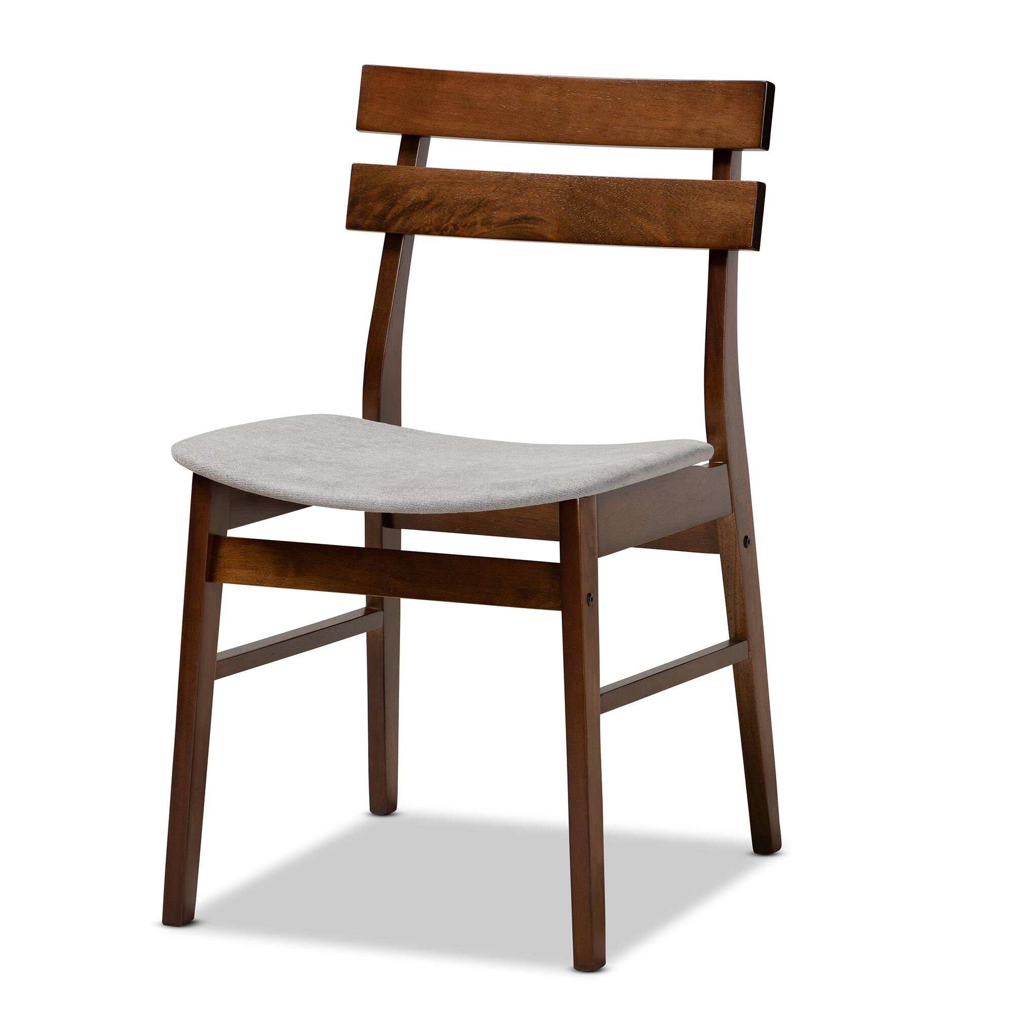 Angle. Baxton Studio - Devlin Mid Century Fabric Upholstered and Finished Wood 4-Piece Dining Chair Set - Light Grey/Walnut.