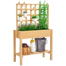 Outsunny - Wooden Raised Garden Bed with Trellis, Elevated Planter Box with Storage Shelf, Outdoor Flower Box - Natural Wood