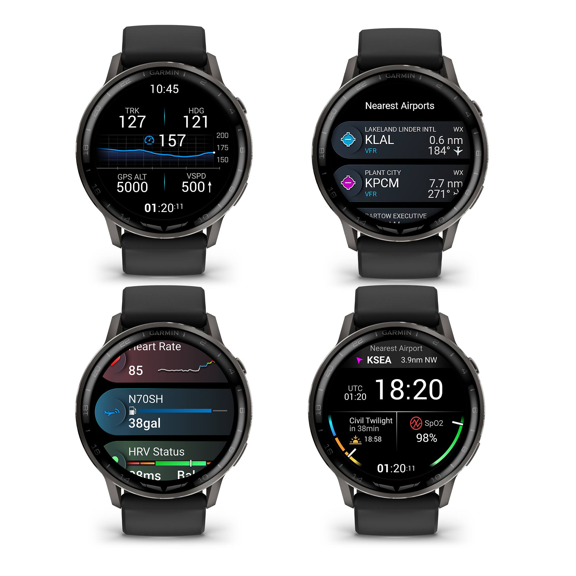 RT GARMIN 10:45 TRK HDG 127 121 200 157 175 150 GARMIN Nearest Airports LAKELAND LINDER INTL KLAL 0.6 nm VER 184 0 GPS ALT VSPD 5000 500 1 01:20:11 11 - 16 I PLANT CITY WX 7.7 nm VER 271 2 ARTOW EXECUTIVE GARMIN Heart Rate 85 N70SH 38gal HRV Status ams Ra GARMIN - Nearest Airport KSEA 3.9nm NW UTC 18:20 01:20 Civil Twilight SpO2 in 38min 18:58 98% 01:20:11