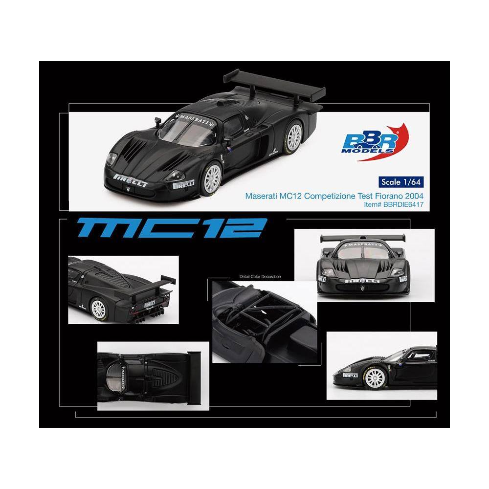 Sure, here is the corrected and grouped text from the image:

---

**PBR Models**

**Scale 1/64**

**Maserati MC12 Competizione Test Fiorano 2004**

**Item# BBRDIE6417**

**MC12**

**Maserati**

**Maserati MC12 Competizione Test Fiorano 2004**

**Item# BBRDIE6417**

**Detailed Color Decoration**

---

This text includes the brand, scale, model name, item number, and a note about the detailed color decoration.
