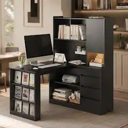 RYHNUYNE - L-Shaped Corner Desk, White MDF Computer Workstation with Charging Ports, Storage Cabinet and Bookshelf, LED Light - Black