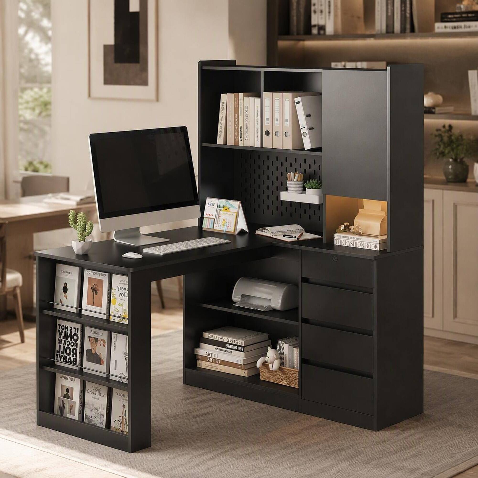 RYHNUYNE L Shaped Corner Desk, White MDF Computer Workstation with ...