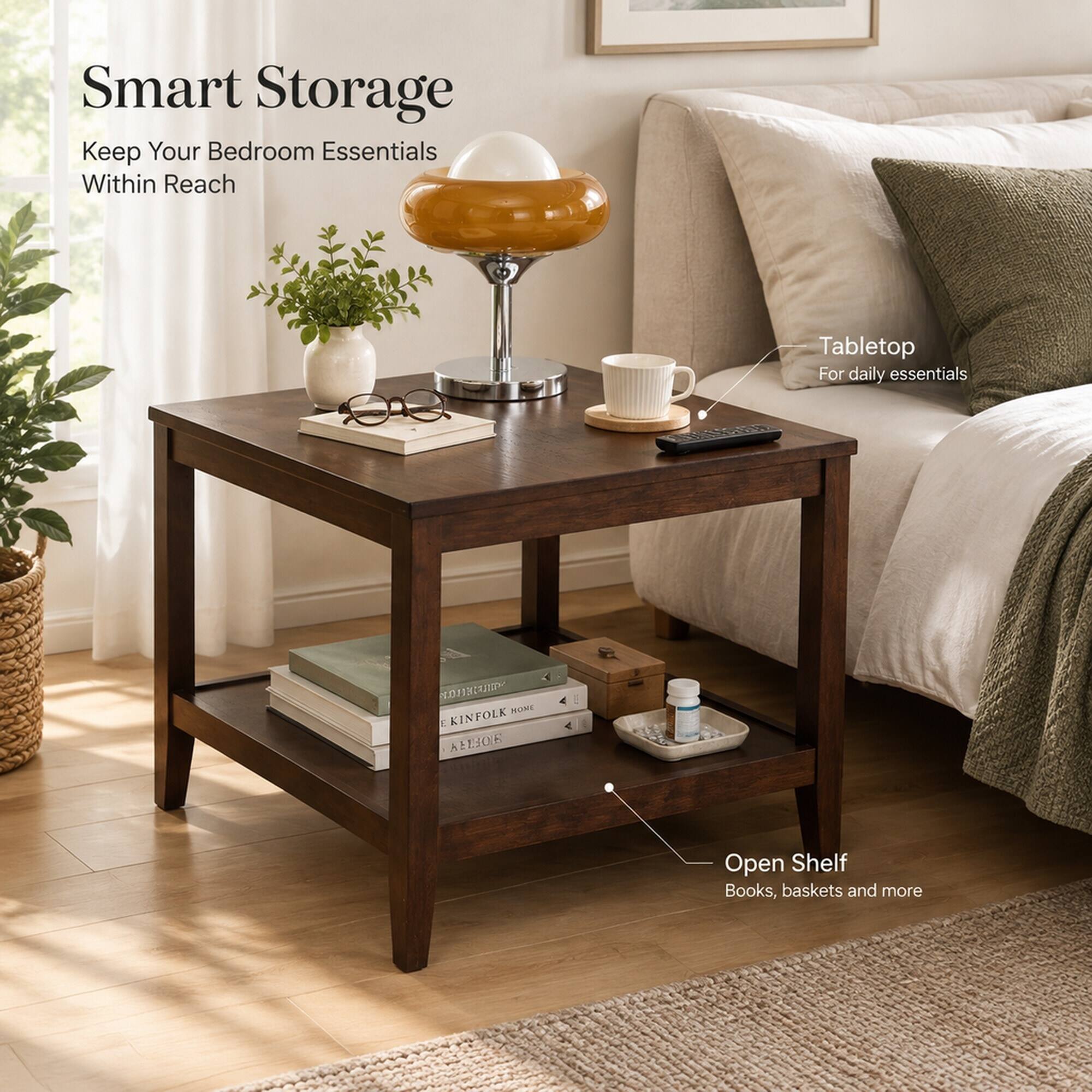 RYHNUYNE Solid Wood End Table, 2 Tier Square Side Table, Storage Shelf ...