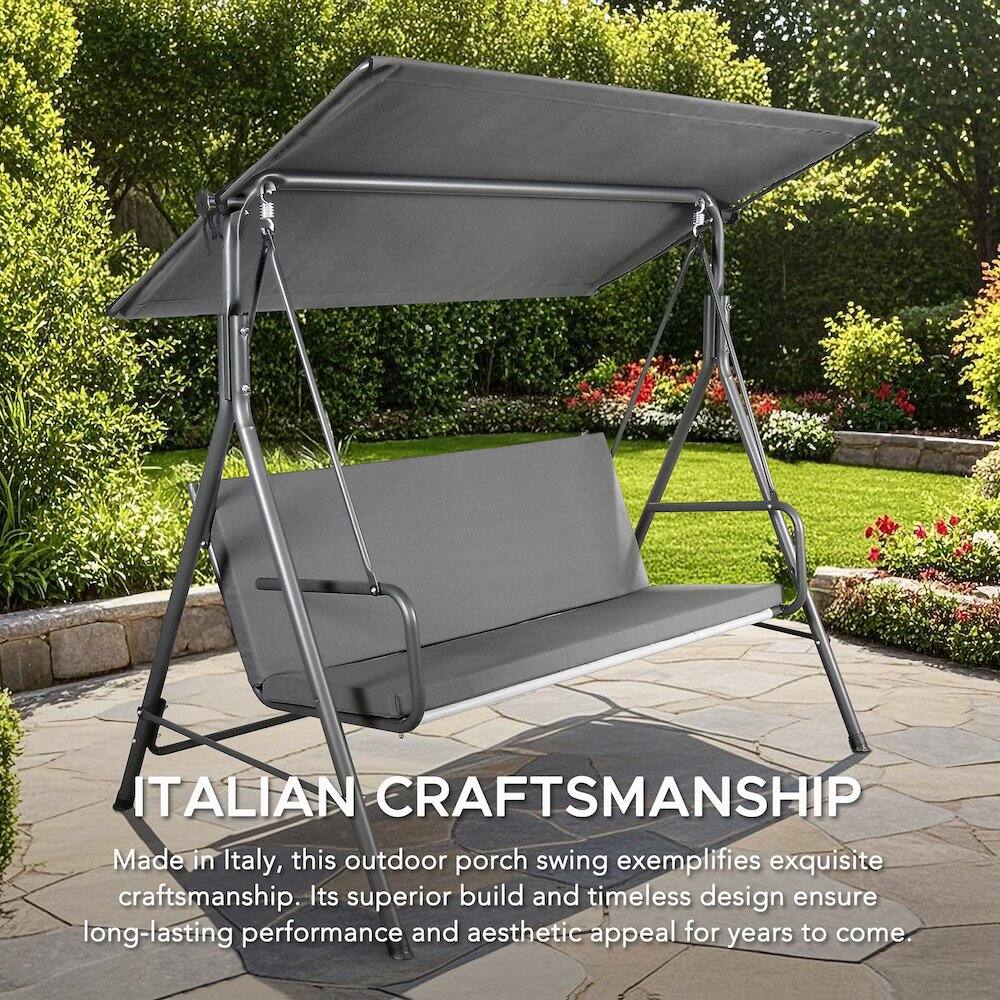 ITALIAN CRAFTSMANSHIP

Made in Italy, this outdoor porch swing exemplifies exquisite craftsmanship. Its superior build and timeless design ensure long-lasting performance and aesthetic appeal for years to come.