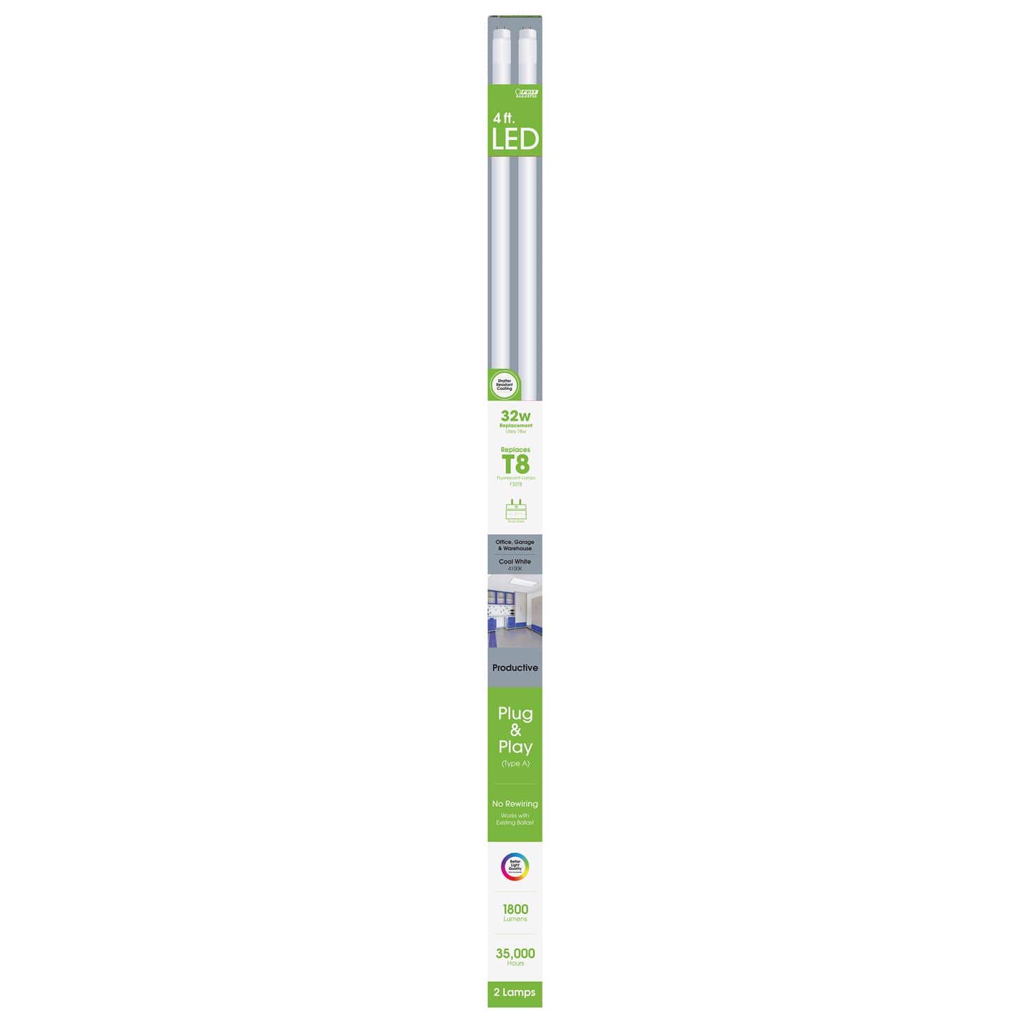 FEIT ELECTRIC - Feit Plug & Play T8 Cool White 47.5 in. Bi-Pin T8 LED Bulb 32 Watt Equivalence 2 pk