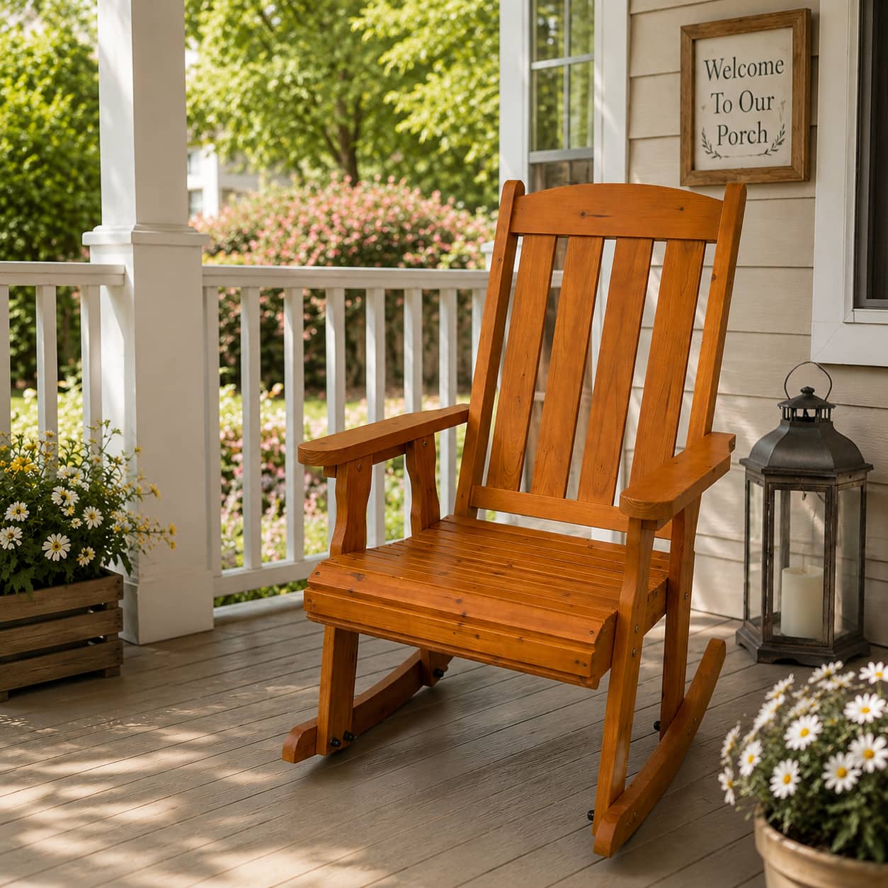 Fortune Candy - Wooden Patio Rocking Chair with Comfortable Backrest and Deep Contoured Seat, for Outdoor Porch Garden - Teak Tone