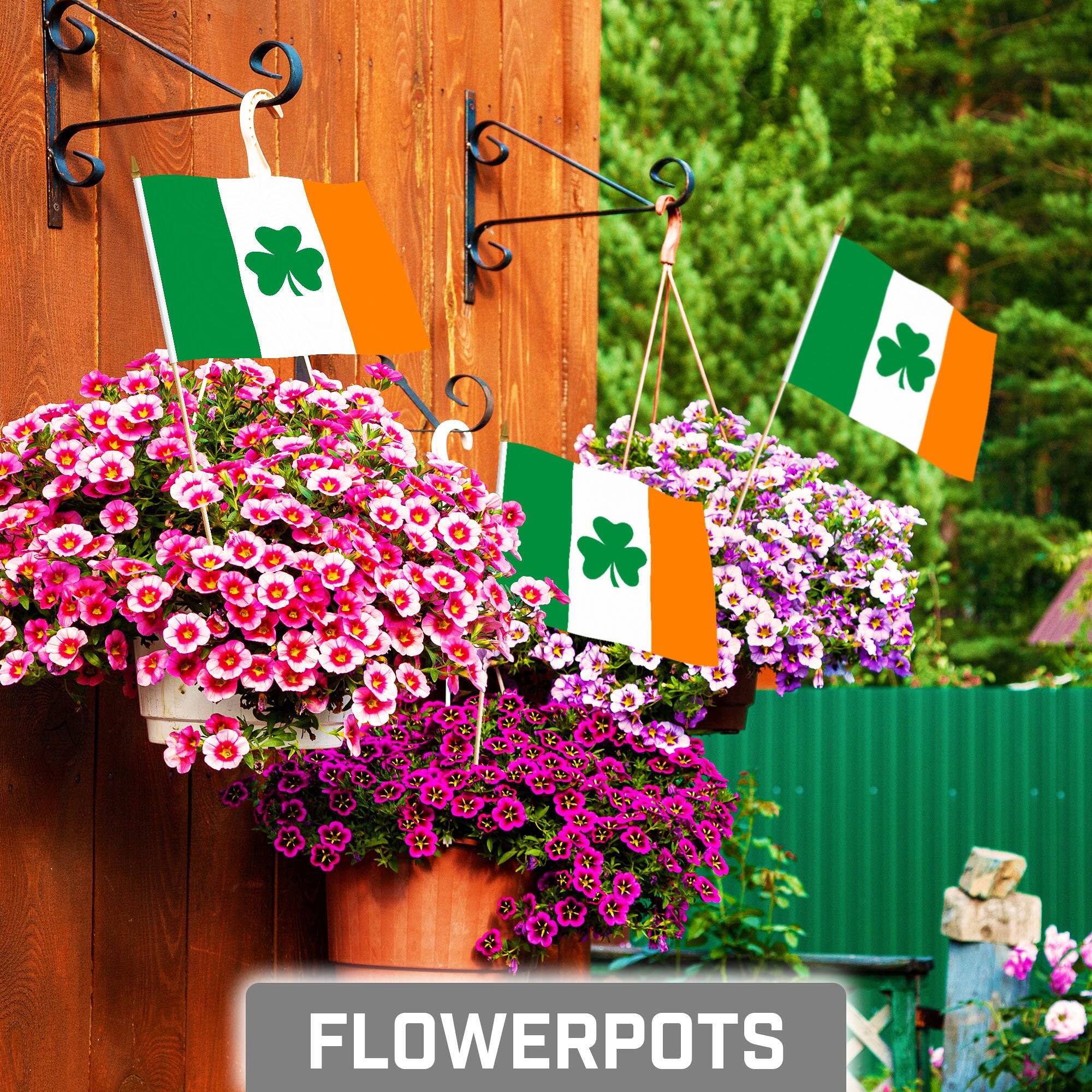 Angle. G128 - 50-Pack Ireland Shamrock Handheld Stick Flags, 8x12 in, 150D Polyester, Wooden Stick with Gold Spear Tip - Assorted Colors.