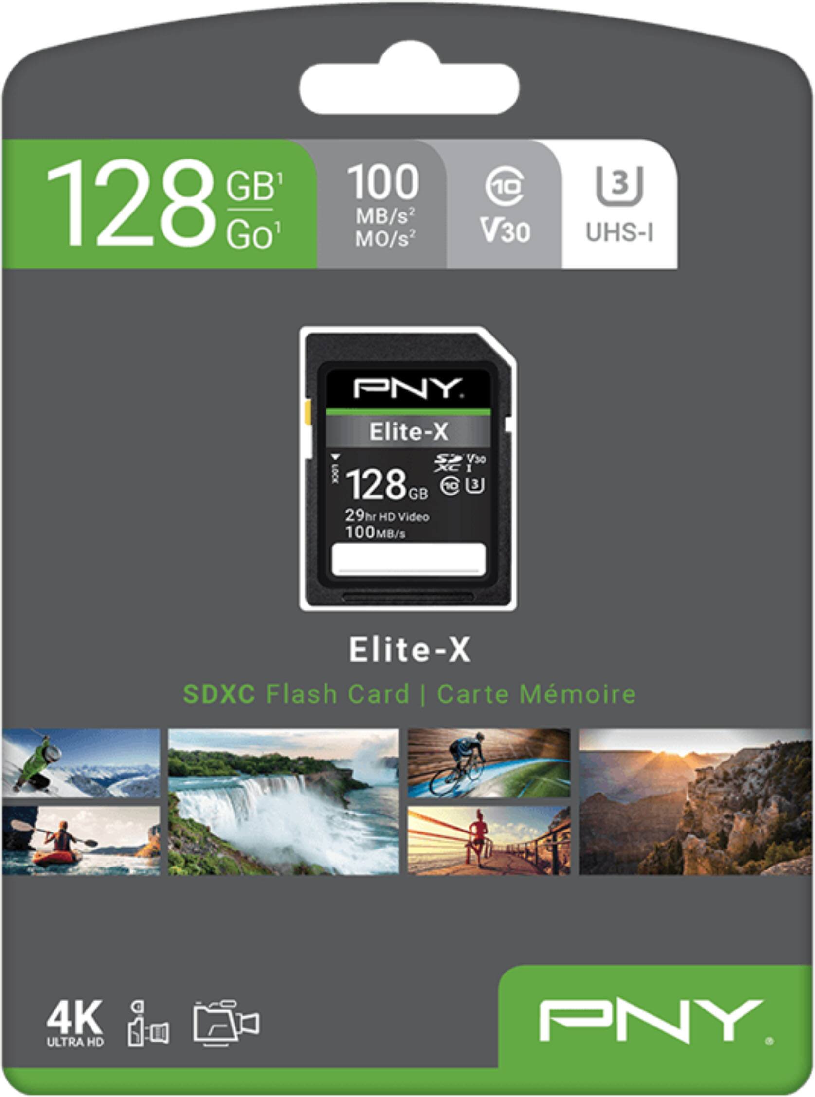 Sure, here is the corrected and grouped text from the image:

---

**PNY Elite-X**

**128 GB**  
**100 MB/s**  
**V30**  
**UHS-I**

**Elite-X SDXC Flash Card**

**128 GB**  
**100 MB/s**  
**29hr HD Video**

**4K ULTRA HD**

**Carte Mémoire**

---

This text includes the key specifications and features of the PNY Elite-X SDXC Flash Card.