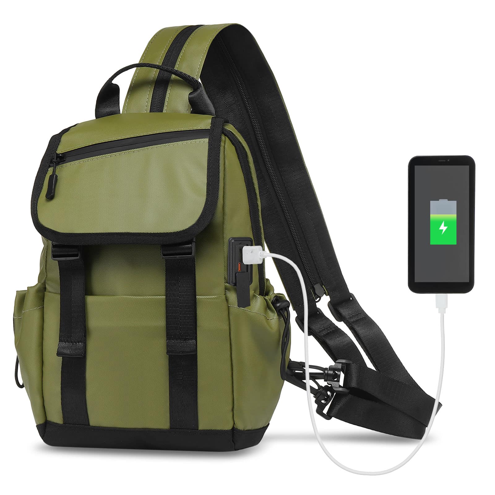 Unique Bargains - Small Backpack Convertible Crossbody Bags with USB Charge Port Lightweight Casual Sling Shoulder for Outdoor Travel - Dark Green