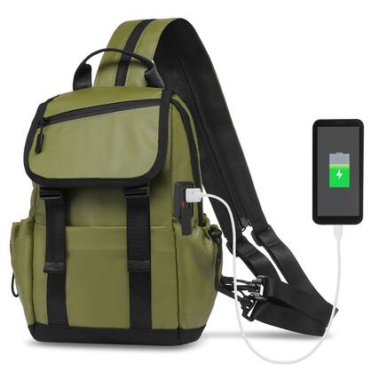 Front. Unique Bargains - Small Backpack Convertible Crossbody Bags with USB Charge Port Lightweight Casual Sling Shoulder for Outdoor Travel - Dark Green.