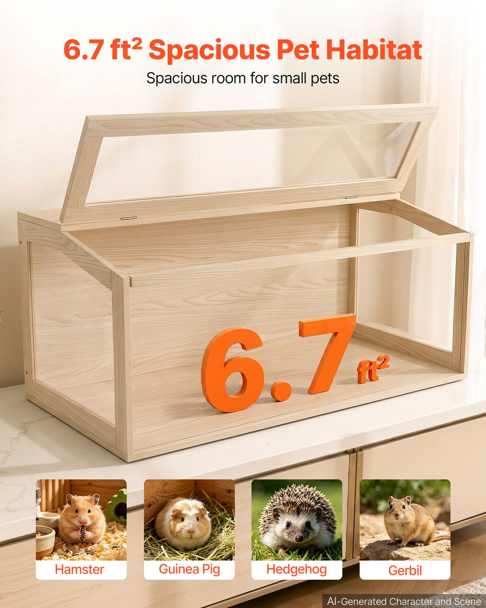 6.7 ft² Spacious Pet Habitat  
Spacious room for small pets  

Hamster  
Guinea Pig  
Hedgehog  
Gerbil  

AI-Generated Character and Scene