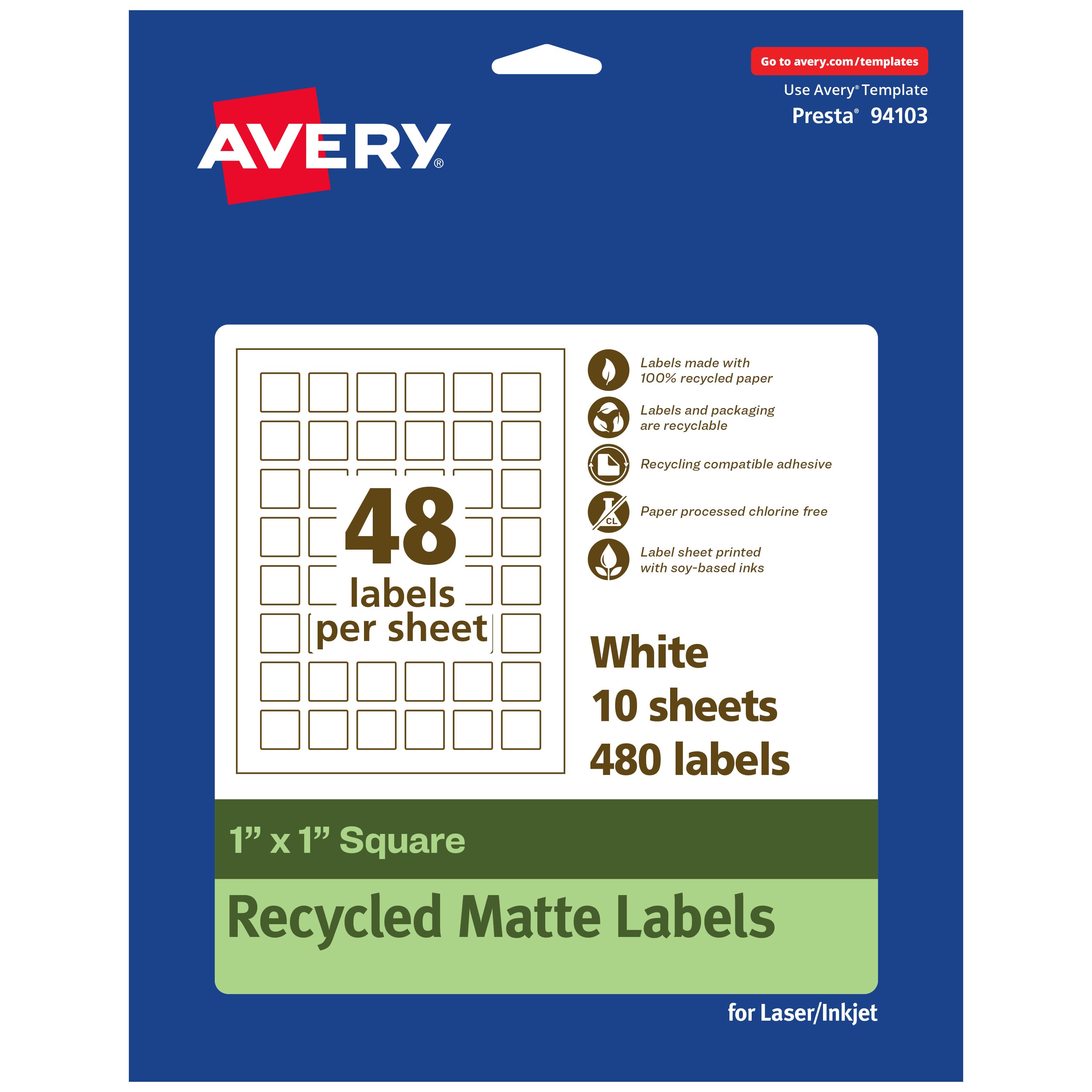 Avery - EcoFriendly Square Labels, 1" x 1", 480ct - White