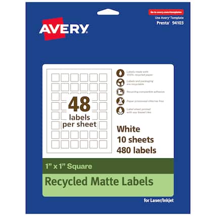 Go to avery.com/templates
Use Avery Template Presta® 94103
Labels made with 100% recycled paper
Labels and packaging are recyclable
Recycling compatible adhesive
Paper processed chlorine free
Label sheet printed with soy-based inks
48 labels per sheet
White
10 sheets
480 labels
1" x 1" Square
Recycled Matte Labels for Laser/Inkjet