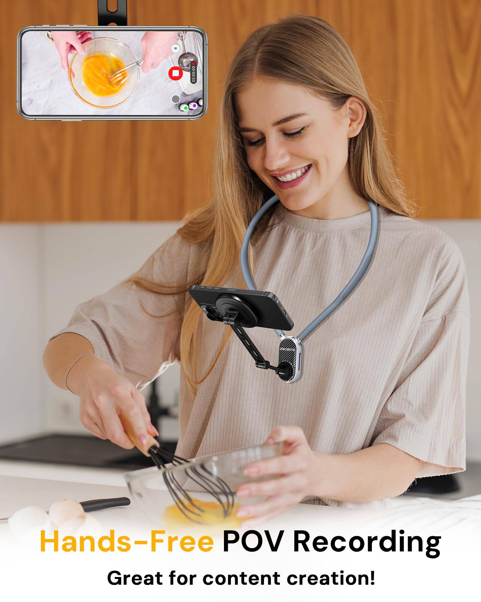 Hands-Free POV Recording  
Great for content creation!