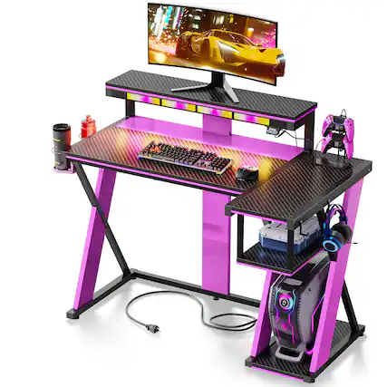 Front. Bestier - 42-inch L-shaped Gaming Desk with RGB Music Sync Lights, 3 AC Outlets & Dual Cup Holders - Black Purple.