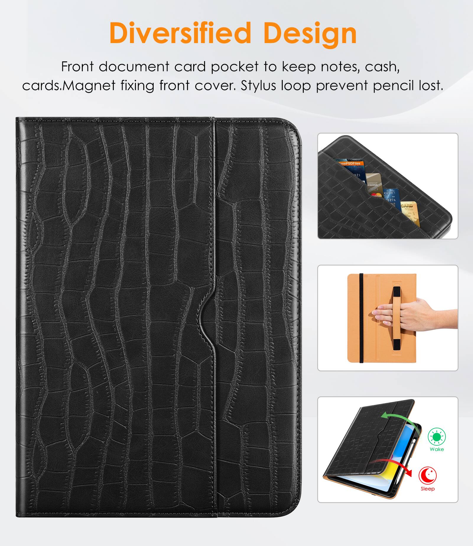 Diversified Design

Front document card pocket to keep notes, cash, cards. Magnet fixing front cover. Stylus loop prevent pencil lost.

PSOFI s : CPTN Wake Sleep