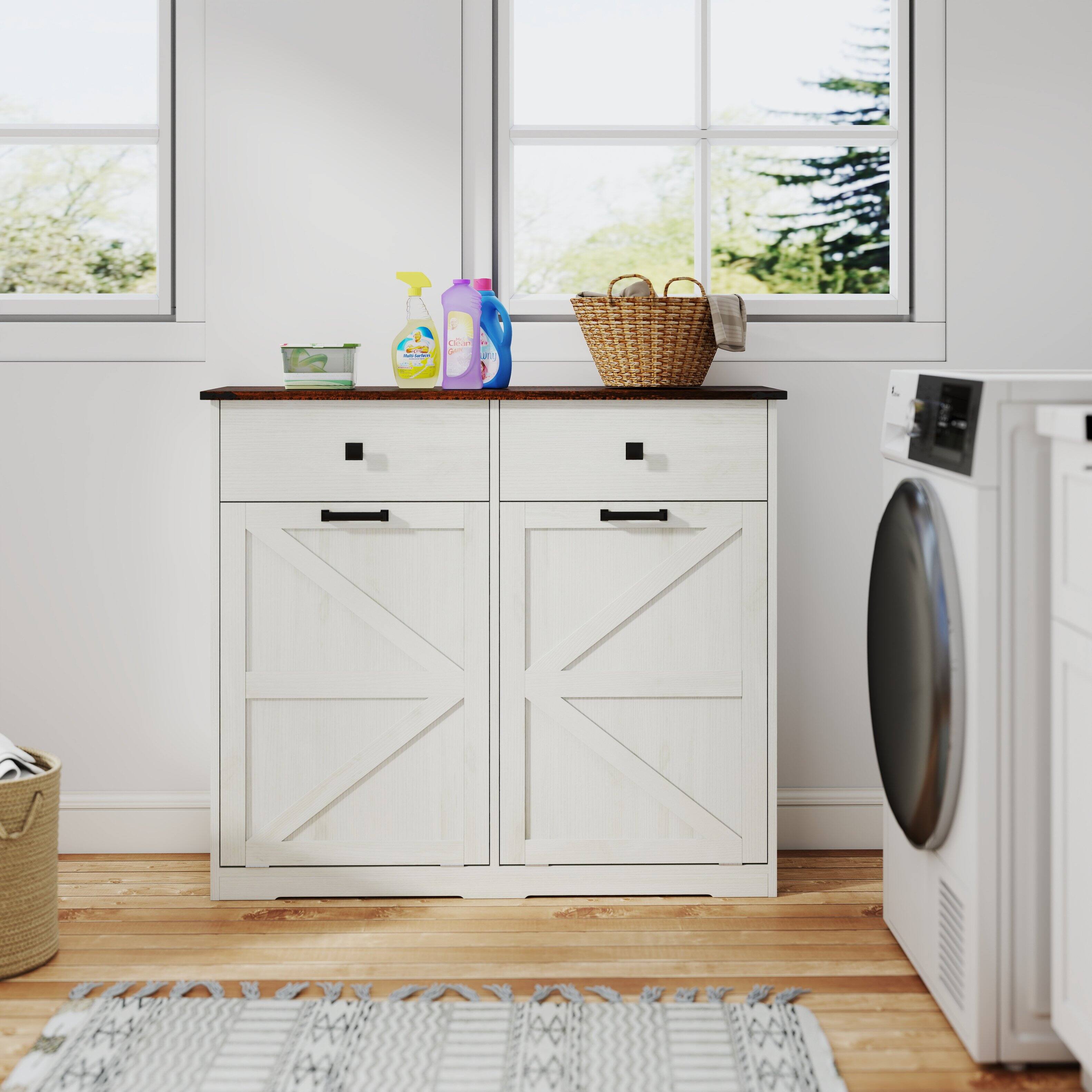 Alt View 7. GOODSILO - Double Tilt Out Trash Cabinet - Farmhouse Style Kitchen Recycling Cabinet with Drawer - Brown + Antique White.