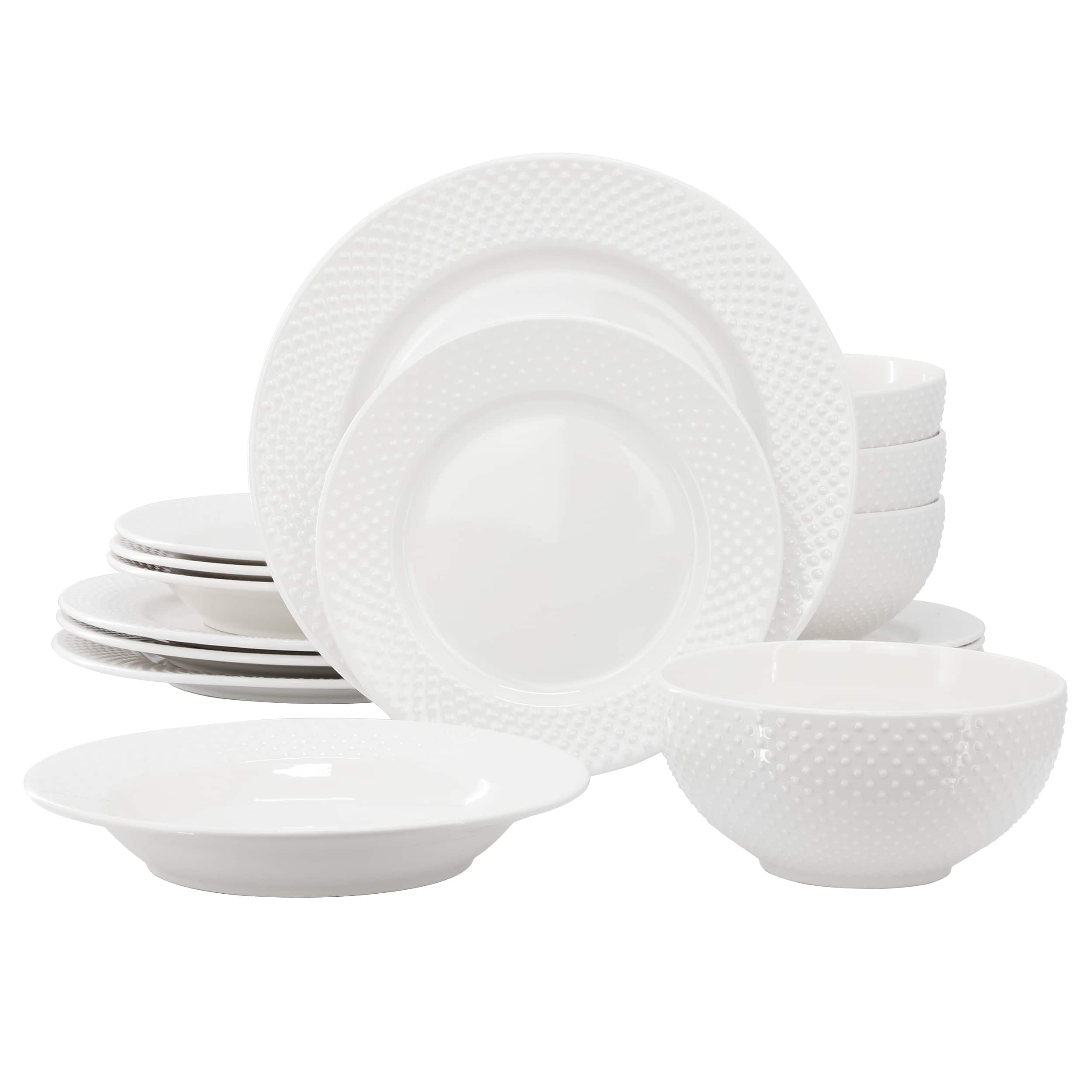 Elama - Kim 16 Piece Hobnail Double Bowl Porcelain Dinnerware Set - White
