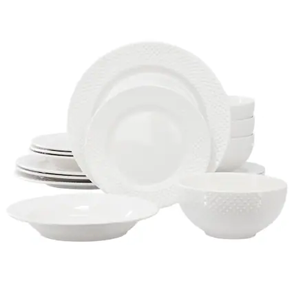 Front. Elama - Elama Kim 16 Piece Hobnail Double Bowl Porcelain Dinnerware Set in White - White.