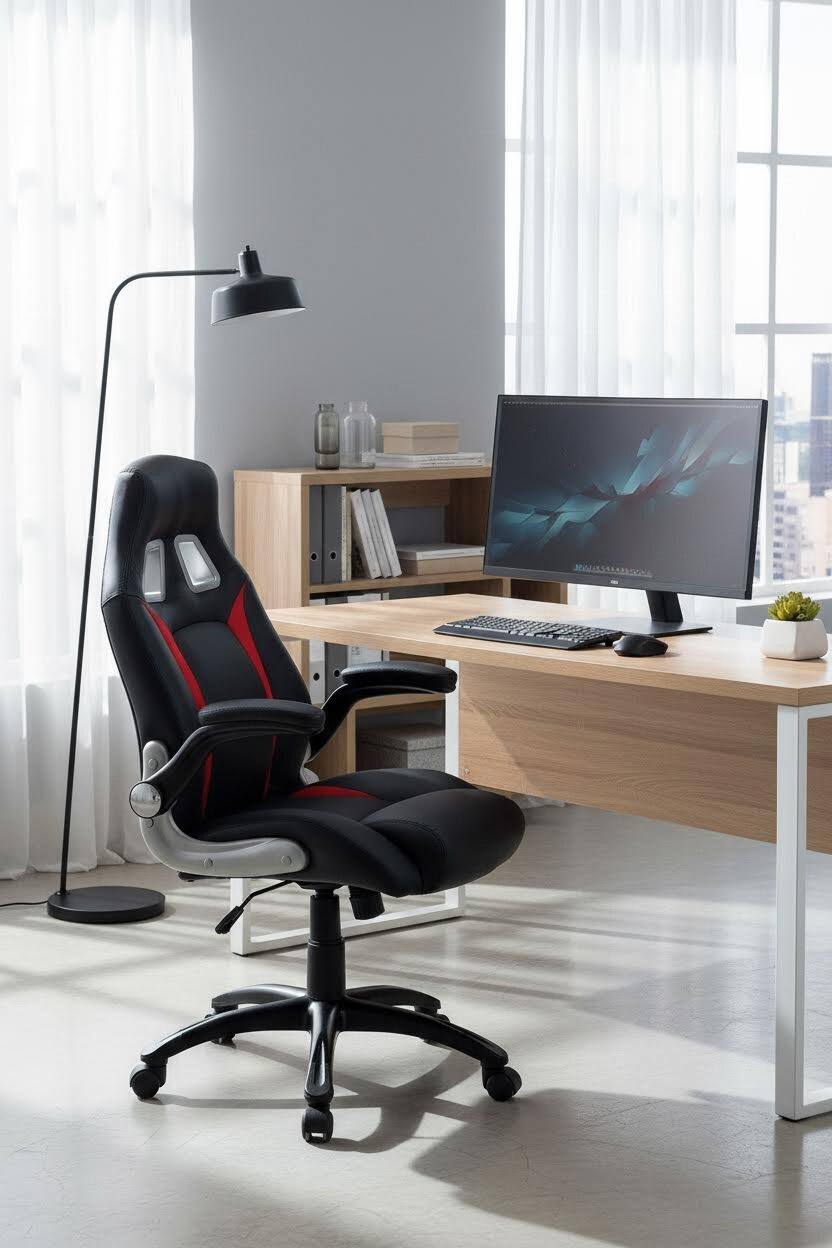 Alt View 6. Forest'nSky - Black Red Stylish Office Chair, Upholstered Comfort Adjustable Gaming Chair with Padded Armrests - Black.